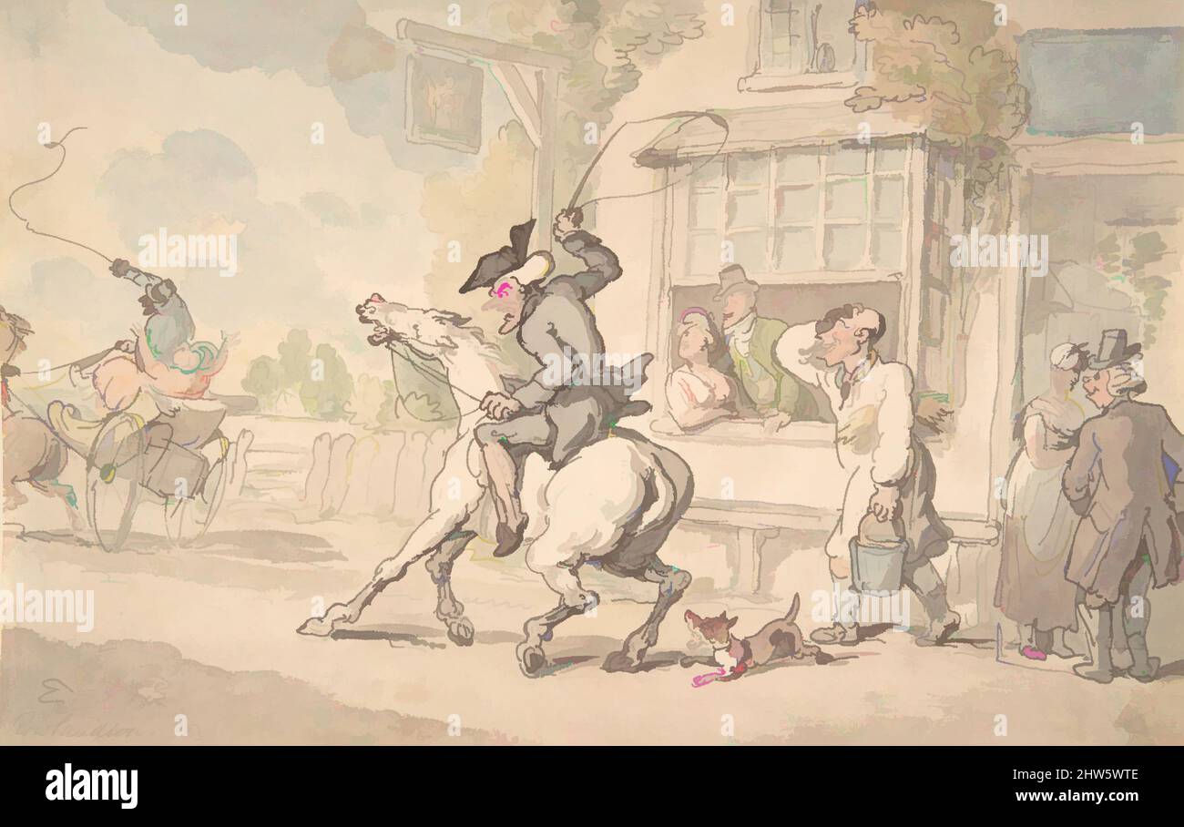Art inspired by Dr. Syntax with a Balky Horse Before an Inn, 18th–19th century, Pen and ink, with watercolor, sheet: 5 3/4 x 9 1/8 in. (14.6 x 23.2 cm), Drawings, Thomas Rowlandson (British, London 1757–1827 London, Classic works modernized by Artotop with a splash of modernity. Shapes, color and value, eye-catching visual impact on art. Emotions through freedom of artworks in a contemporary way. A timeless message pursuing a wildly creative new direction. Artists turning to the digital medium and creating the Artotop NFT Stock Photo