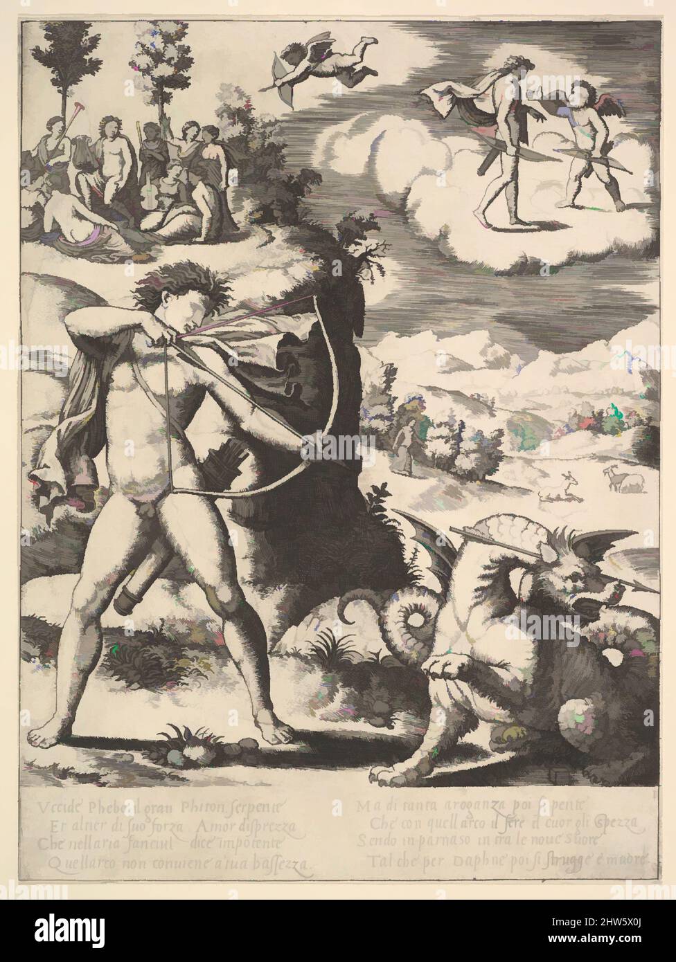 Art inspired by Apollo standing at left shooting a python with an arrow, above to the left are the muses and at right on a cloud Cupid approaching Apollo, from the 'Story of Apollo and Daphne', 1530–60, Engraving, sheet: 7 1/8 x 9 5/8 in. (18.1 x 24.4 cm) approximately, Prints, Master, Classic works modernized by Artotop with a splash of modernity. Shapes, color and value, eye-catching visual impact on art. Emotions through freedom of artworks in a contemporary way. A timeless message pursuing a wildly creative new direction. Artists turning to the digital medium and creating the Artotop NFT Stock Photo