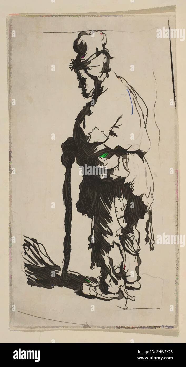 Art inspired by Beggar Leaning on a Stick, Facing Left, ca. 1630, Etching, Sheet (trimmed to platemark): 3 3/8 × 1 13/16 in. (8.6 × 4.6 cm), Prints, Rembrandt (Rembrandt van Rijn) (Dutch, Leiden 1606–1669 Amsterdam), Rembrandt made many small etchings of beggars. His alacrity with the, Classic works modernized by Artotop with a splash of modernity. Shapes, color and value, eye-catching visual impact on art. Emotions through freedom of artworks in a contemporary way. A timeless message pursuing a wildly creative new direction. Artists turning to the digital medium and creating the Artotop NFT Stock Photo
