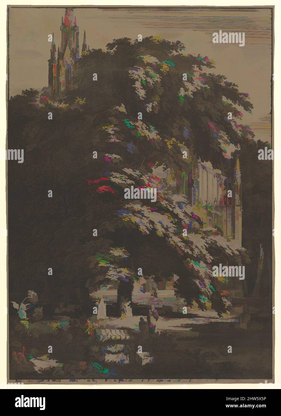 Art inspired by Gothic Church Hidden by a Tree, 1810, Lithograph with white heightening printed on brown paper, sheet: 19 5/16 x 13 5/8 in. (49 x 34.6 cm), Prints, Karl Friedrich Schinkel (German, Neuruppin 1781–1841 Berlin, Classic works modernized by Artotop with a splash of modernity. Shapes, color and value, eye-catching visual impact on art. Emotions through freedom of artworks in a contemporary way. A timeless message pursuing a wildly creative new direction. Artists turning to the digital medium and creating the Artotop NFT Stock Photo