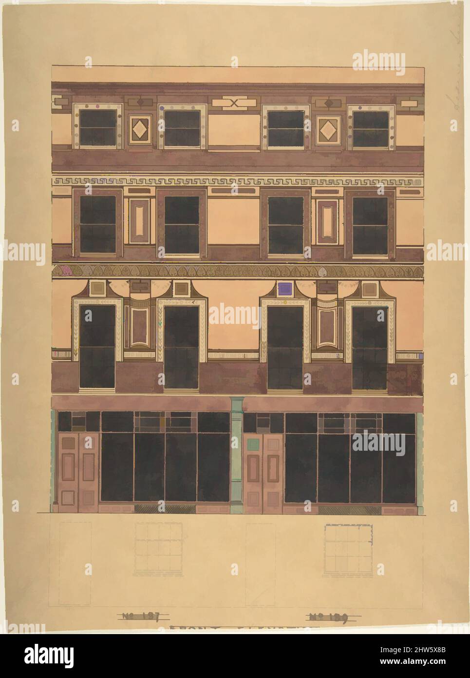 Art inspired by Vertical Section of a Four-Story House with Greek Wall Ornament, 19th century, Ink and colored wash, sheet: 12 3/4 x 8 3/4 in. (32.4 x 22.2 cm), Anonymous, British, 19th century, Classic works modernized by Artotop with a splash of modernity. Shapes, color and value, eye-catching visual impact on art. Emotions through freedom of artworks in a contemporary way. A timeless message pursuing a wildly creative new direction. Artists turning to the digital medium and creating the Artotop NFT Stock Photo