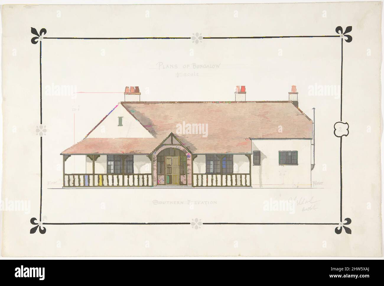 Art inspired by Bungalow drawing -- Southern Elevation, late 19th–early 20th century, Watercolor, black ink, pen and red ink over graphite, sheet: 8 x 11 15/16 in. (20.3 x 30.4 cm), Ernest Geldart (British, London 1848–1929, Classic works modernized by Artotop with a splash of modernity. Shapes, color and value, eye-catching visual impact on art. Emotions through freedom of artworks in a contemporary way. A timeless message pursuing a wildly creative new direction. Artists turning to the digital medium and creating the Artotop NFT Stock Photo