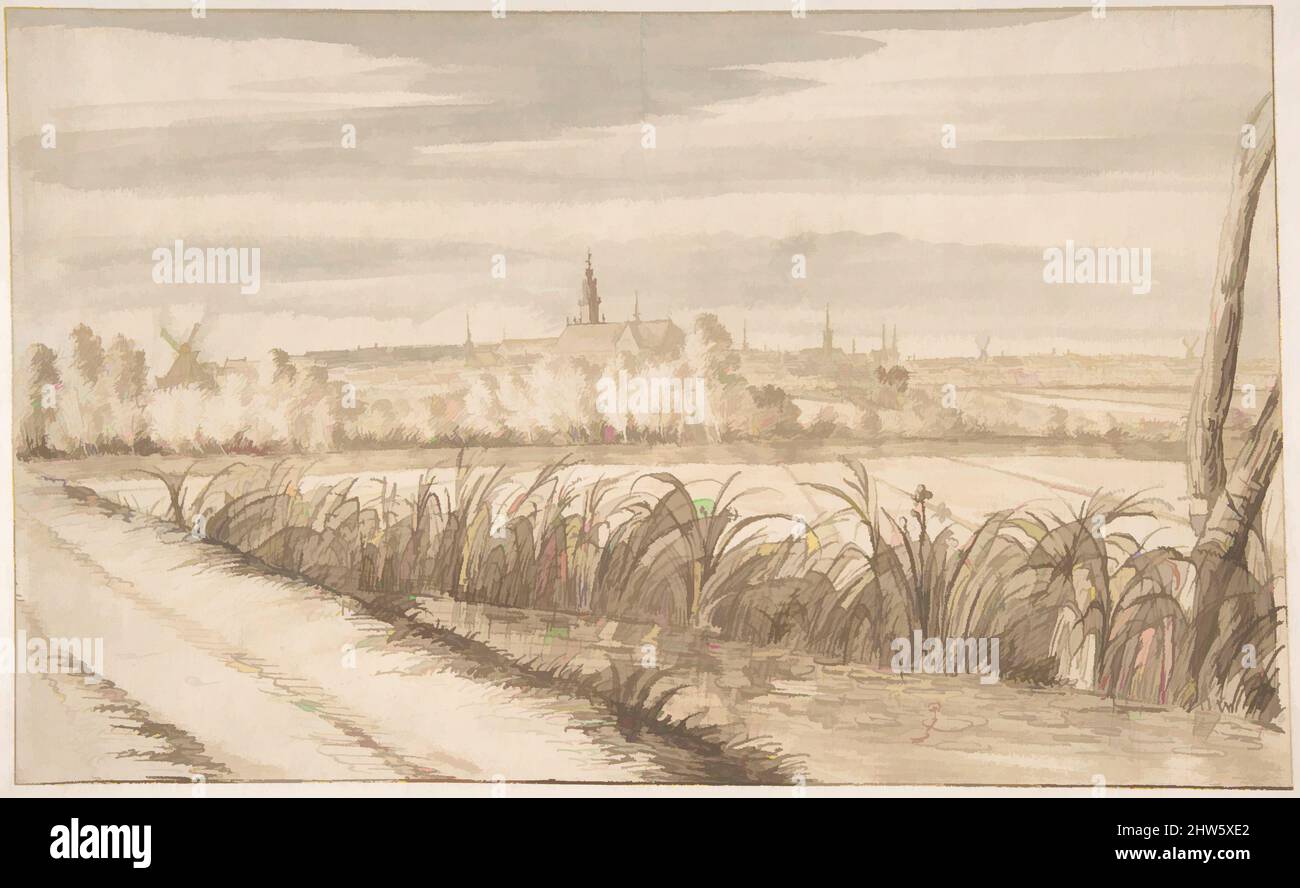 Art inspired by View of Gouda Seen from the Southeast with the Janskerk in the Center, 17th century, Black chalk, pen and brown ink, brown and grey wash, sheet: 7 5/8 x 12 7/16 in. (19.3 x 31.6 cm), Drawings, Abraham Rutgers (Dutch, Amsterdam 1632–1699 Amsterdam, Classic works modernized by Artotop with a splash of modernity. Shapes, color and value, eye-catching visual impact on art. Emotions through freedom of artworks in a contemporary way. A timeless message pursuing a wildly creative new direction. Artists turning to the digital medium and creating the Artotop NFT Stock Photo