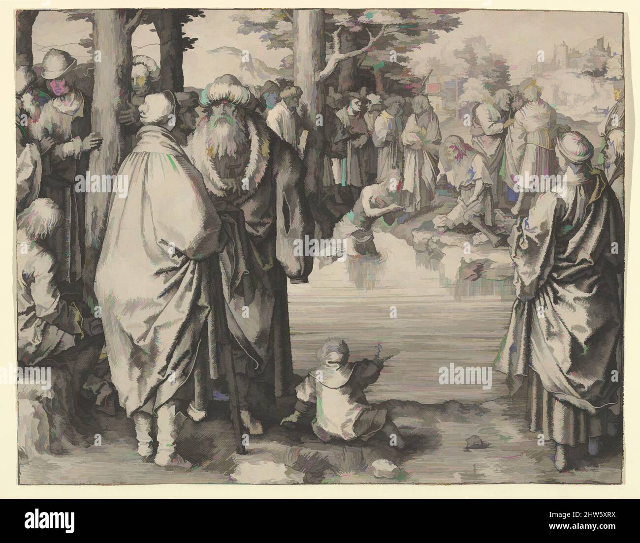 Art inspired by The Baptism of Christ in the River Jordan, ca. 1510, Engraving; first state, sheet: 5 5/8 x 7 1/4 in. (14.4 x 18.3 cm), Prints, Lucas van Leyden (Netherlandish, Leiden ca. 1494–1533 Leiden, Classic works modernized by Artotop with a splash of modernity. Shapes, color and value, eye-catching visual impact on art. Emotions through freedom of artworks in a contemporary way. A timeless message pursuing a wildly creative new direction. Artists turning to the digital medium and creating the Artotop NFT Stock Photo