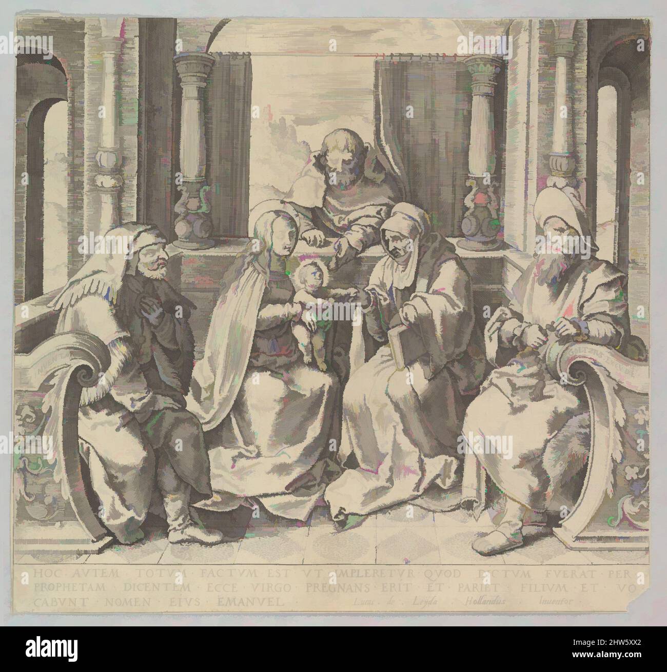 Art inspired by The Holy Kindred, (Virgin and Child with Joseph, Anne and Two Male Saints) (copy), n.d., sheet: 9 1/8 x 9 3/4 in. (23.2 x 24.8 cm), Prints, After Lucas van Leyden (Netherlandish, Leiden ca. 1494–1533 Leiden, Classic works modernized by Artotop with a splash of modernity. Shapes, color and value, eye-catching visual impact on art. Emotions through freedom of artworks in a contemporary way. A timeless message pursuing a wildly creative new direction. Artists turning to the digital medium and creating the Artotop NFT Stock Photo