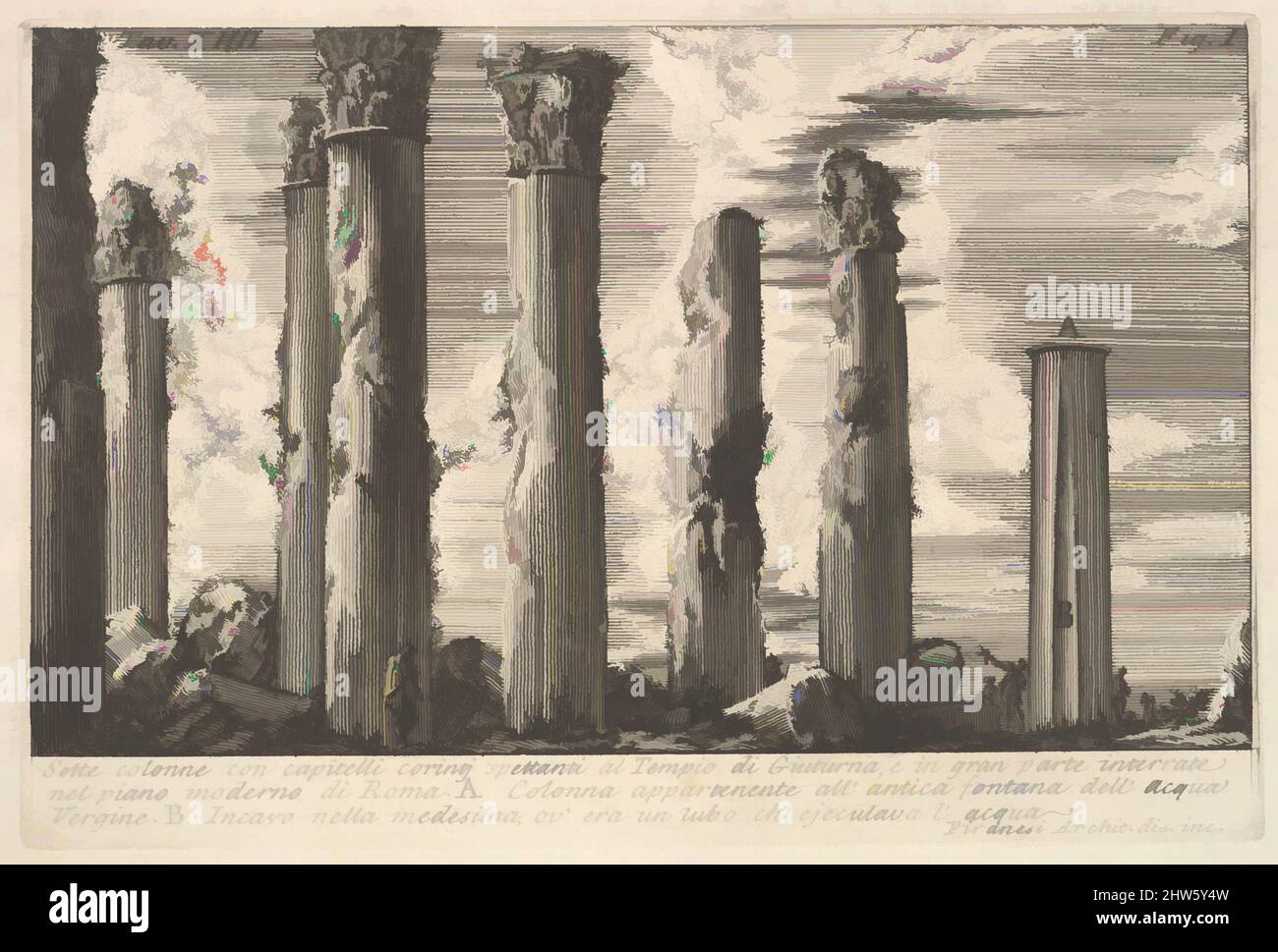 Art inspired by Seven columns of the Temple of Juturna with Corinthian capitals . . . (Sette colonne con capitelli corinti spettanti al Tempio di Giuturna . . .), 18th century, Etching, Plate: 5 3/16 × 7 11/16 in. (13.2 × 19.6 cm), Prints, Giovanni Battista Piranesi (Italian, Mogliano, Classic works modernized by Artotop with a splash of modernity. Shapes, color and value, eye-catching visual impact on art. Emotions through freedom of artworks in a contemporary way. A timeless message pursuing a wildly creative new direction. Artists turning to the digital medium and creating the Artotop NFT Stock Photo