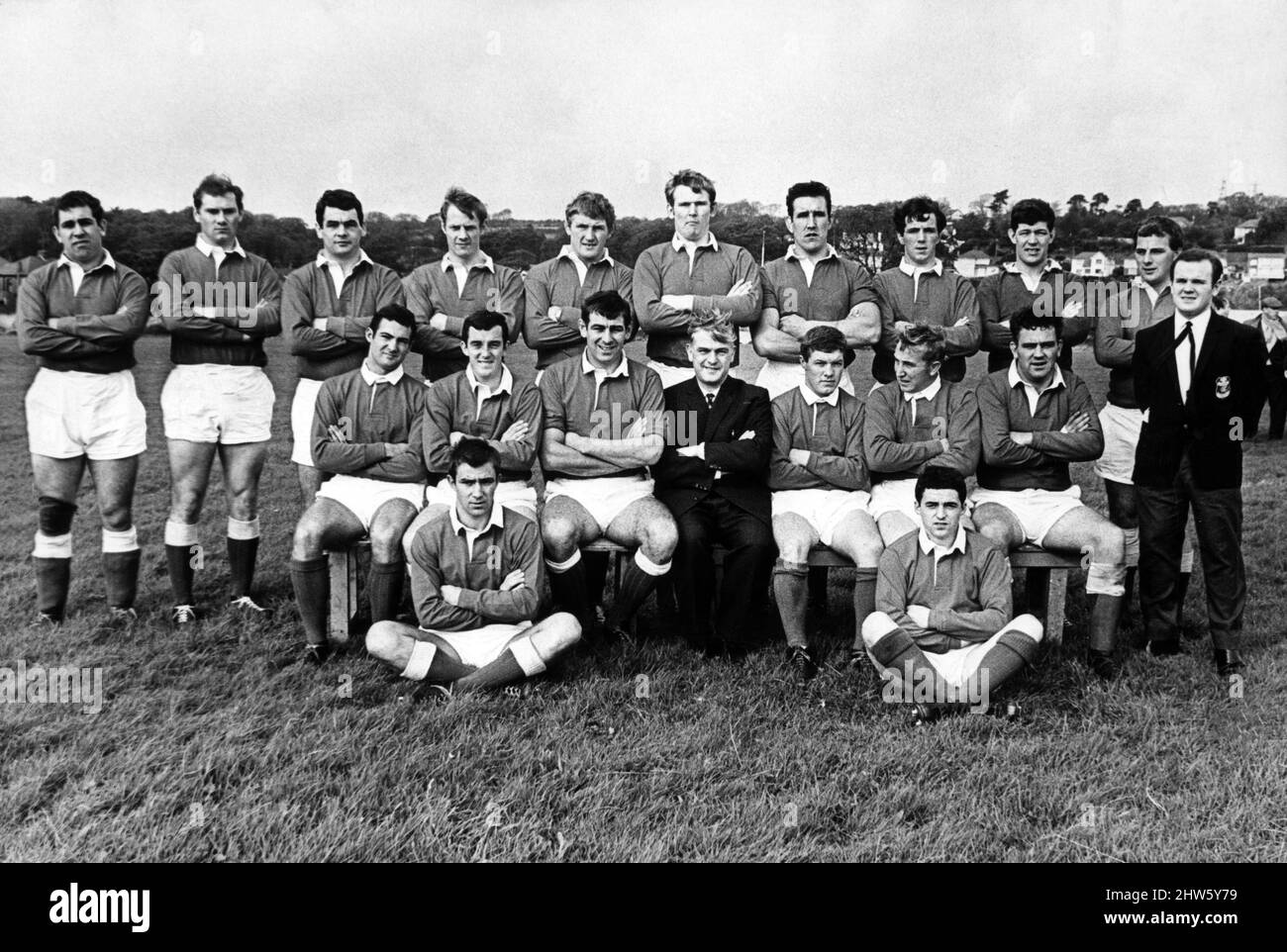 The successful Llanelli team: Standing (left to right) N R Gale, C Davies, A Crocker, R Mathias, B Butler, D Quinnell, W D Thomas, C John, A James, A John and J Thomas. Sitting (left to right) K Davies, P Bennett, S Gallacher, P Rees (chairman) Ashby, A Hill,  Gale. In front: Griffin and G Thomas. Circa October 1968. Stock Photo