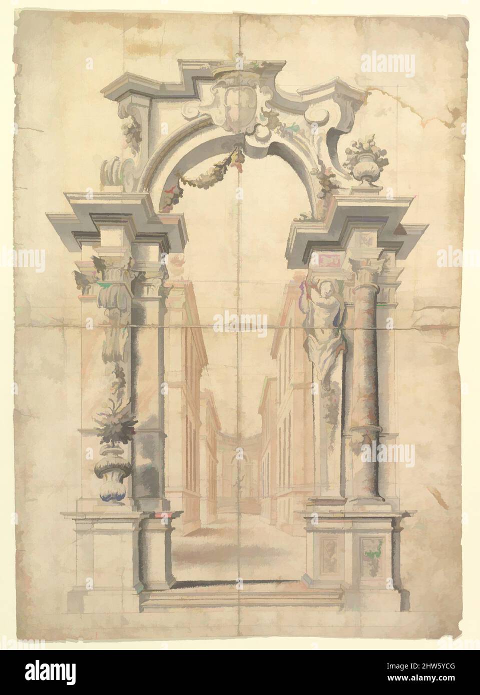 Art inspired by Two One Half Variants of a Design for Painted Wall Decoration with Arch and Perspective View Inside (recto). Negligible diagrams and compass drawn circle (verso)., 1700–1780, Pen and brown ink, brush and gray, red-chalk, and yellow wash, over lead point or graphite, Classic works modernized by Artotop with a splash of modernity. Shapes, color and value, eye-catching visual impact on art. Emotions through freedom of artworks in a contemporary way. A timeless message pursuing a wildly creative new direction. Artists turning to the digital medium and creating the Artotop NFT Stock Photo