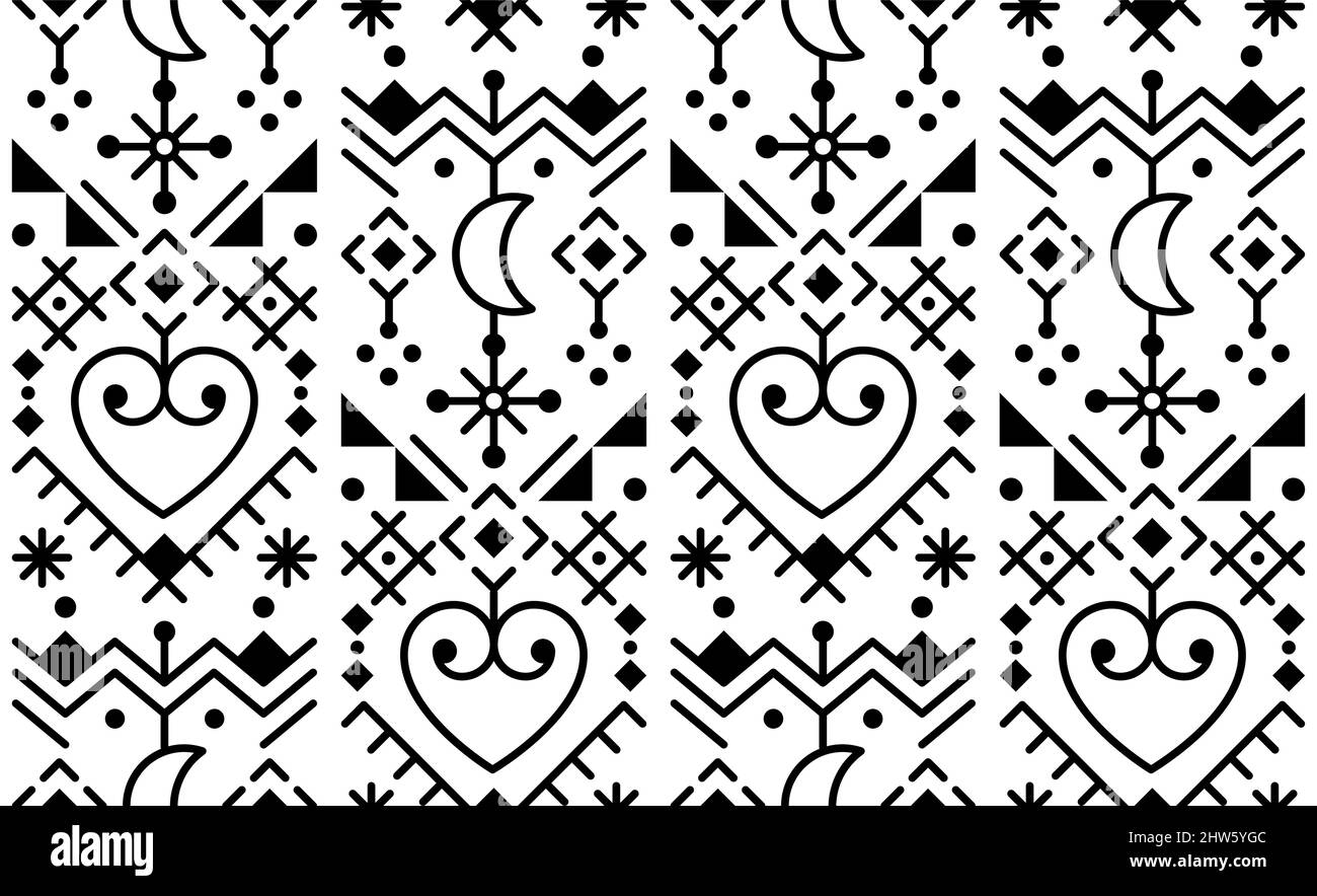 Line art seamlss vector pattern, modern geometric tribal or neotribal design with moons, hearts and abstract shapes, textile or fabric print design se Stock Vector