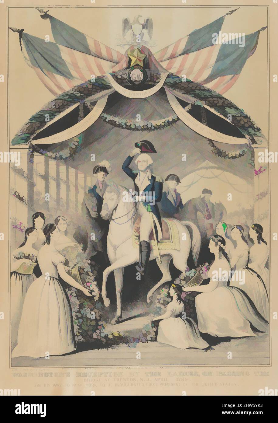 Art inspired by Washington's Reception by the Ladies on Passing the Bridge at Trenton, N.J., April 1789, on His Way to be Inaugurated First President of the United States, 1845, Hand-colored lithograph, Image: 11 7/8 × 8 5/8 in. (30.1 × 21.9 cm), Prints, George Washington on horseback, Classic works modernized by Artotop with a splash of modernity. Shapes, color and value, eye-catching visual impact on art. Emotions through freedom of artworks in a contemporary way. A timeless message pursuing a wildly creative new direction. Artists turning to the digital medium and creating the Artotop NFT Stock Photo