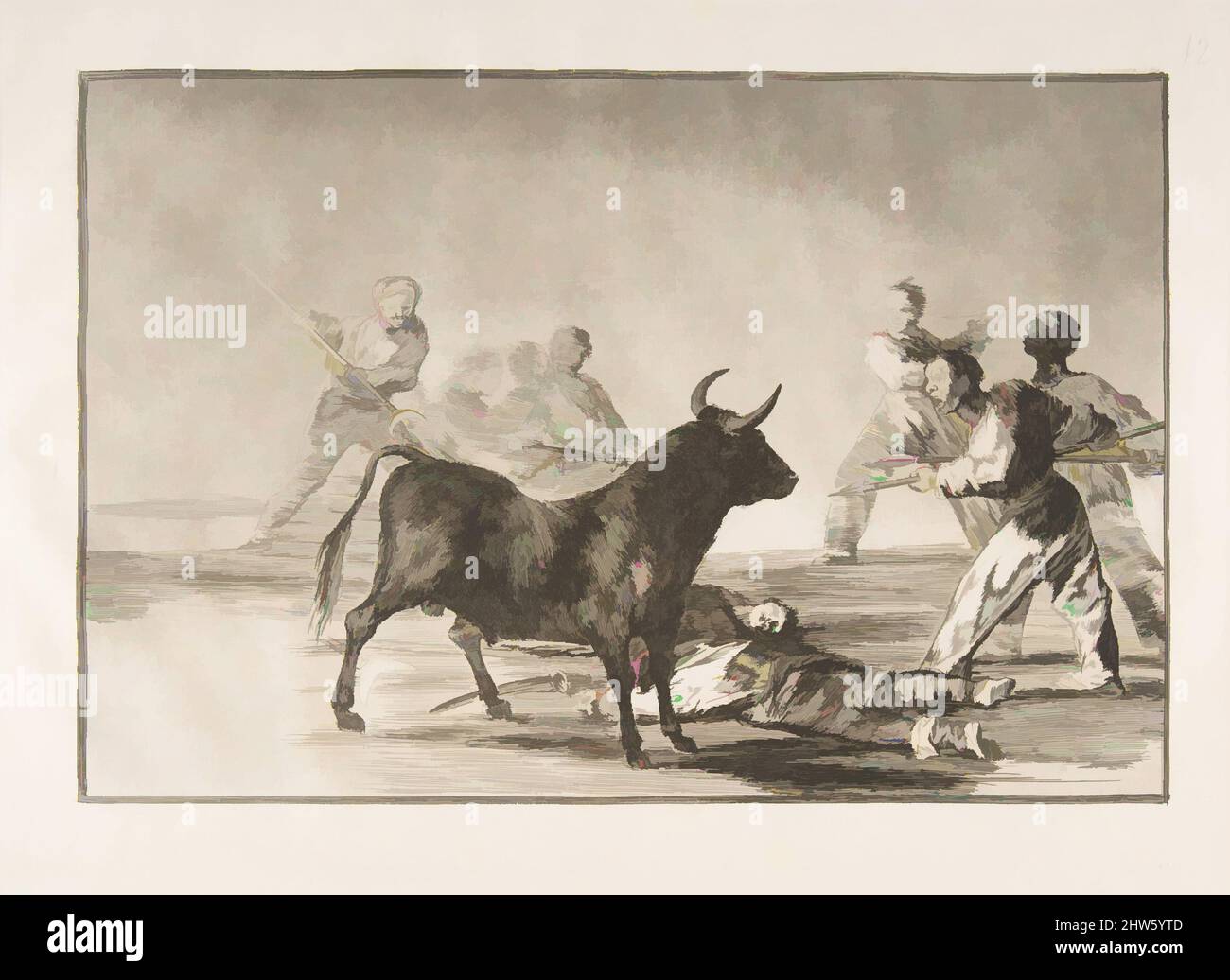 Art inspired by Plate 12 from the 'Tauromaquia': The crowd hamstrings the bull with lances, sickles, banderillas and other arms., 1816, Etching, burnished aquatint and drypoint, Plate: 9 13/16 x 13 3/4 in. (25 x 35 cm), Prints, Goya (Francisco de Goya y Lucientes) (Spanish, Fuendetodos, Classic works modernized by Artotop with a splash of modernity. Shapes, color and value, eye-catching visual impact on art. Emotions through freedom of artworks in a contemporary way. A timeless message pursuing a wildly creative new direction. Artists turning to the digital medium and creating the Artotop NFT Stock Photo