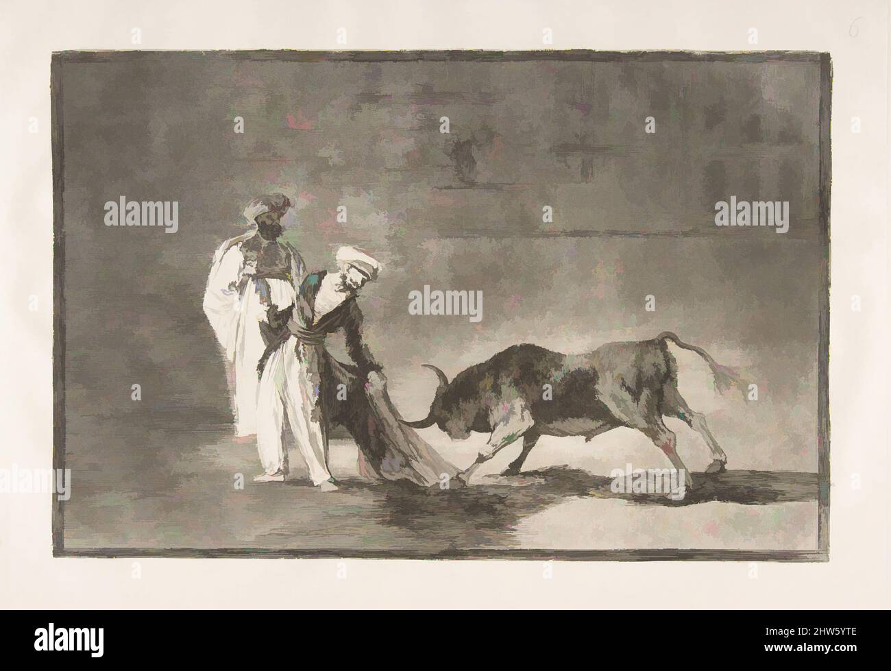 Art inspired by Plate 6 from 'The Tauromaquia':The Moors make a different play in the ring calling the bull with their burnous., 1816, Etching, burnished aquatint and drypoint, Plate: 9 5/8 x 13 3/4 in. (24.5 x 35 cm), Prints, Goya (Francisco de Goya y Lucientes) (Spanish, Fuendetodos, Classic works modernized by Artotop with a splash of modernity. Shapes, color and value, eye-catching visual impact on art. Emotions through freedom of artworks in a contemporary way. A timeless message pursuing a wildly creative new direction. Artists turning to the digital medium and creating the Artotop NFT Stock Photo