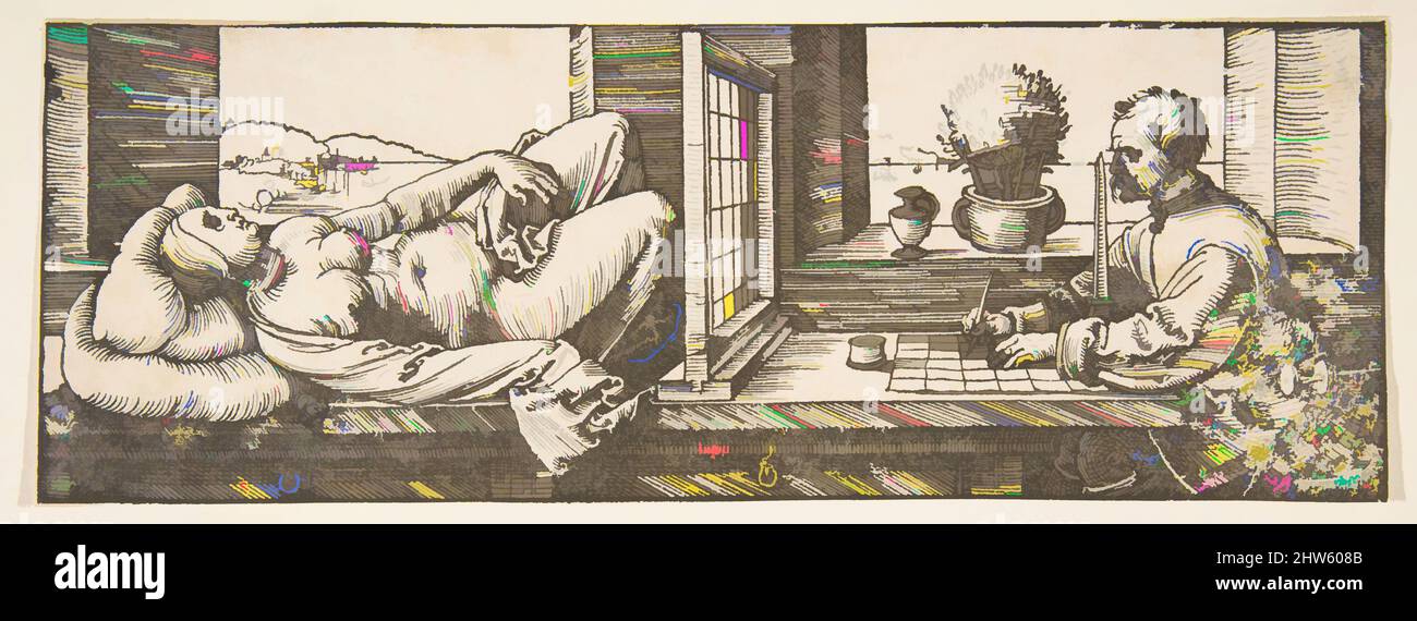 Art inspired by Draughtsman Making a Perspective Drawing of a Reclining Woman, ca. 1600, Woodcut, sheet: 3 1/16 x 8 7/16 in. (7.7 x 21.4 cm), Prints, Albrecht Dürer (German, Nuremberg 1471–1528 Nuremberg, Classic works modernized by Artotop with a splash of modernity. Shapes, color and value, eye-catching visual impact on art. Emotions through freedom of artworks in a contemporary way. A timeless message pursuing a wildly creative new direction. Artists turning to the digital medium and creating the Artotop NFT Stock Photo