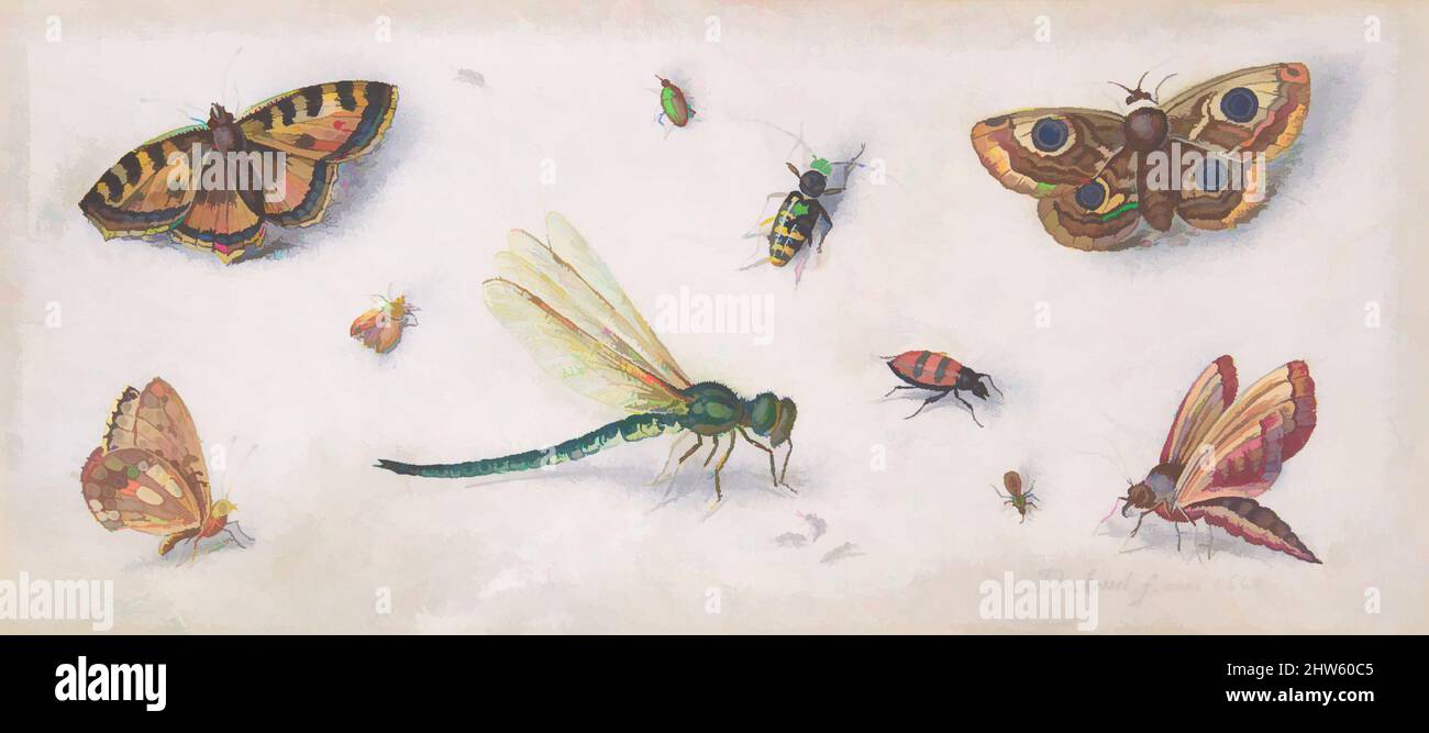 Art inspired by Insects, Butterflies, and a Dragonfly, 17th century, Black chalk, watercolor and gouache on parchment, sheet: 4 1/4 x 9 1/2 in. (10.8 x 24.1 cm), Drawings, Jan van Kessel (Flemish, 1626–1679, Classic works modernized by Artotop with a splash of modernity. Shapes, color and value, eye-catching visual impact on art. Emotions through freedom of artworks in a contemporary way. A timeless message pursuing a wildly creative new direction. Artists turning to the digital medium and creating the Artotop NFT Stock Photo
