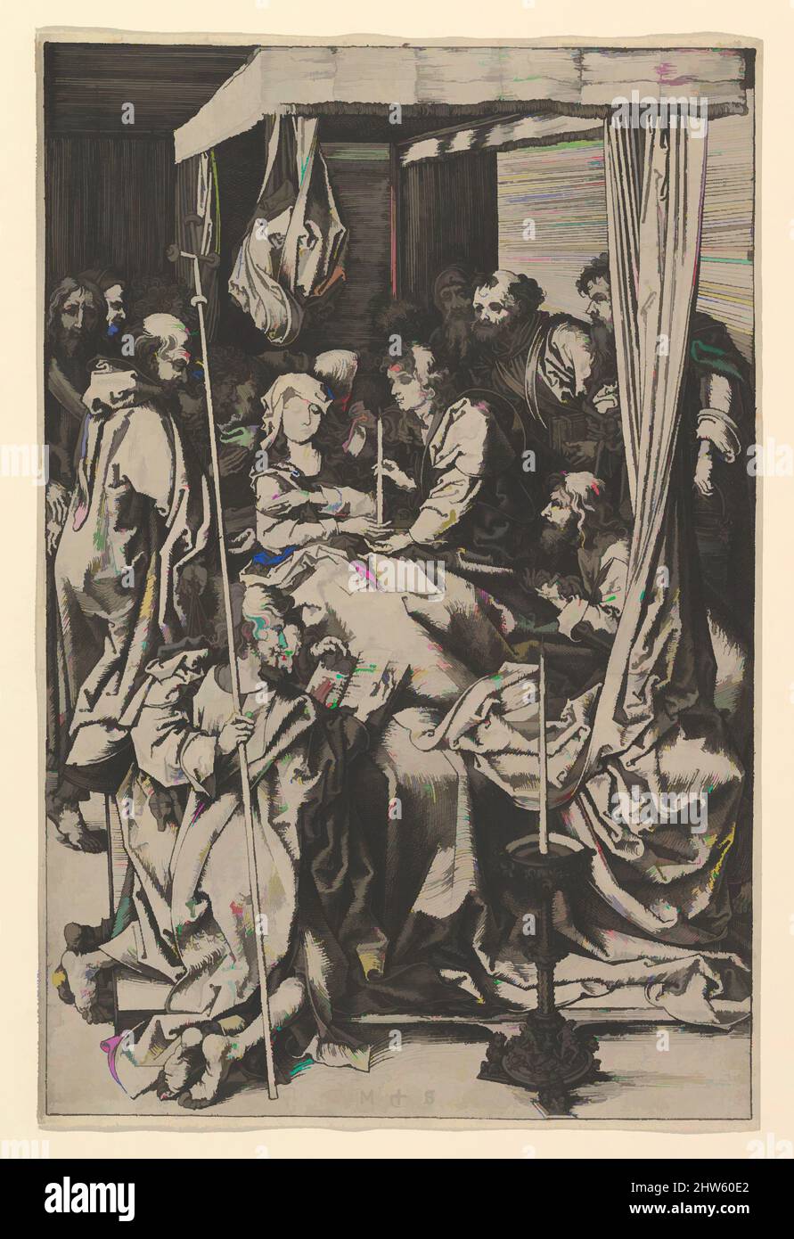 Art inspired by The Death of the Virgin, 15th century, Engraving; second state, Prints, Martin Schongauer (German, Colmar ca. 1435/50–1491 Breisach, Classic works modernized by Artotop with a splash of modernity. Shapes, color and value, eye-catching visual impact on art. Emotions through freedom of artworks in a contemporary way. A timeless message pursuing a wildly creative new direction. Artists turning to the digital medium and creating the Artotop NFT Stock Photo