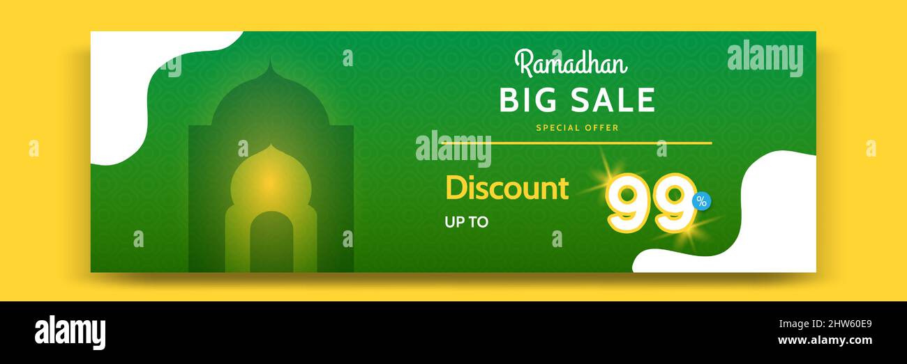 Sale banner Ramadhan or ramadan template in green yellow white color. Modern minimal gradient layout with mosque design element. Stock Vector