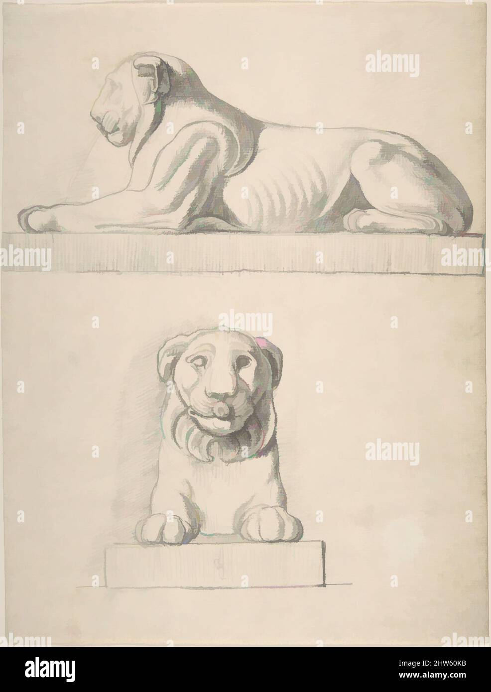 Art inspired by Classical Sculpture of a Lion, Front and Side Views, 1776–79, Graphite, sheet: 12 1/16 x 9 3/16 in. (30.7 x 23.3 cm), Attributed to Thomas Hardwick (British, London 1752–1829 London, Classic works modernized by Artotop with a splash of modernity. Shapes, color and value, eye-catching visual impact on art. Emotions through freedom of artworks in a contemporary way. A timeless message pursuing a wildly creative new direction. Artists turning to the digital medium and creating the Artotop NFT Stock Photo