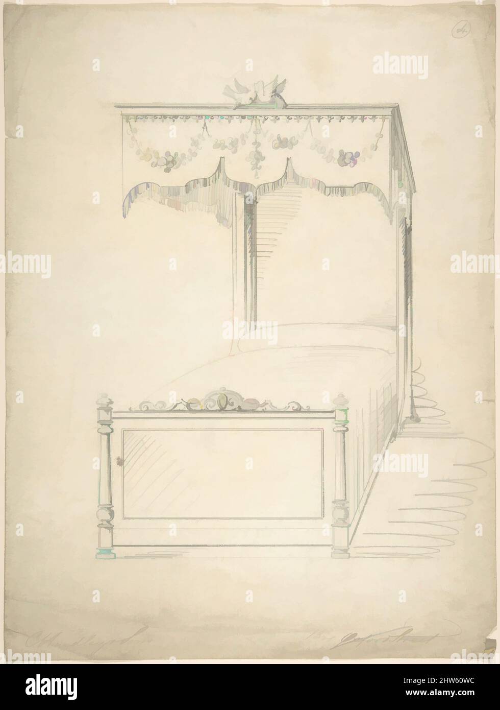 Art inspired by Design for Bed with Canopy, 1841–84, Graphite, sheet: 14 1/8 x 10 5/8 in. (35.8 x 27 cm), Charles Hindley and Sons (British, London 1841–1917 London, Classic works modernized by Artotop with a splash of modernity. Shapes, color and value, eye-catching visual impact on art. Emotions through freedom of artworks in a contemporary way. A timeless message pursuing a wildly creative new direction. Artists turning to the digital medium and creating the Artotop NFT Stock Photo