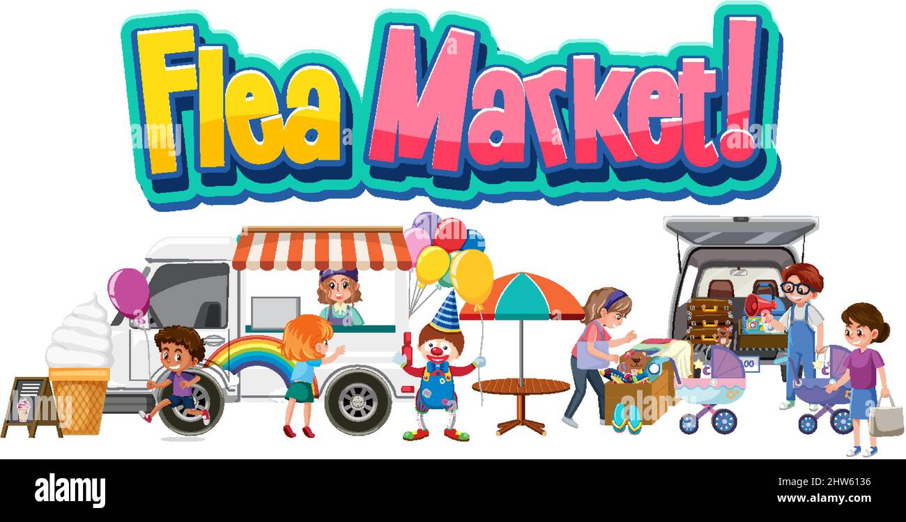 Flea market logo with cartoon character illustration Stock Vector Image