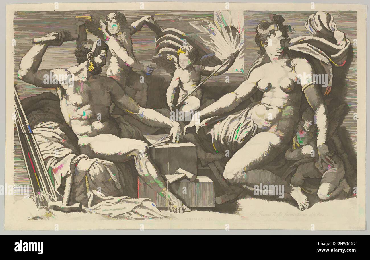 Art inspired by Venus and Vulcan at the Forge, mid-1550s, Engraving, plate: 7 1/2 x 12 5/16 in. (19 x 31.3 cm), Prints, Giorgio Ghisi (Italian, Mantua ca. 1520–1582 Mantua), After Perino del Vaga (Pietro Buonaccorsi) (Italian, Florence 1501–1547 Rome, Classic works modernized by Artotop with a splash of modernity. Shapes, color and value, eye-catching visual impact on art. Emotions through freedom of artworks in a contemporary way. A timeless message pursuing a wildly creative new direction. Artists turning to the digital medium and creating the Artotop NFT Stock Photo