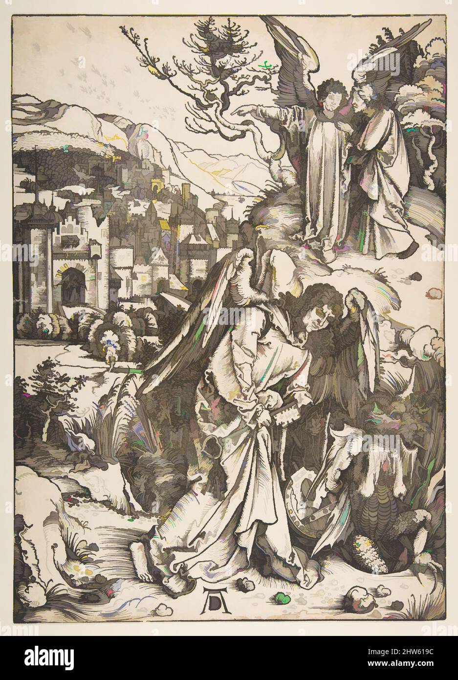 Art inspired by The Angel with the Key to the Bottomless Pit, ca. 1498, Woodcut, sheet: 15 3/8 x 11 in. (39.1 x 28 cm) trimmed to block line, Prints, Albrecht Dürer (German, Nuremberg 1471–1528 Nuremberg, Classic works modernized by Artotop with a splash of modernity. Shapes, color and value, eye-catching visual impact on art. Emotions through freedom of artworks in a contemporary way. A timeless message pursuing a wildly creative new direction. Artists turning to the digital medium and creating the Artotop NFT Stock Photo