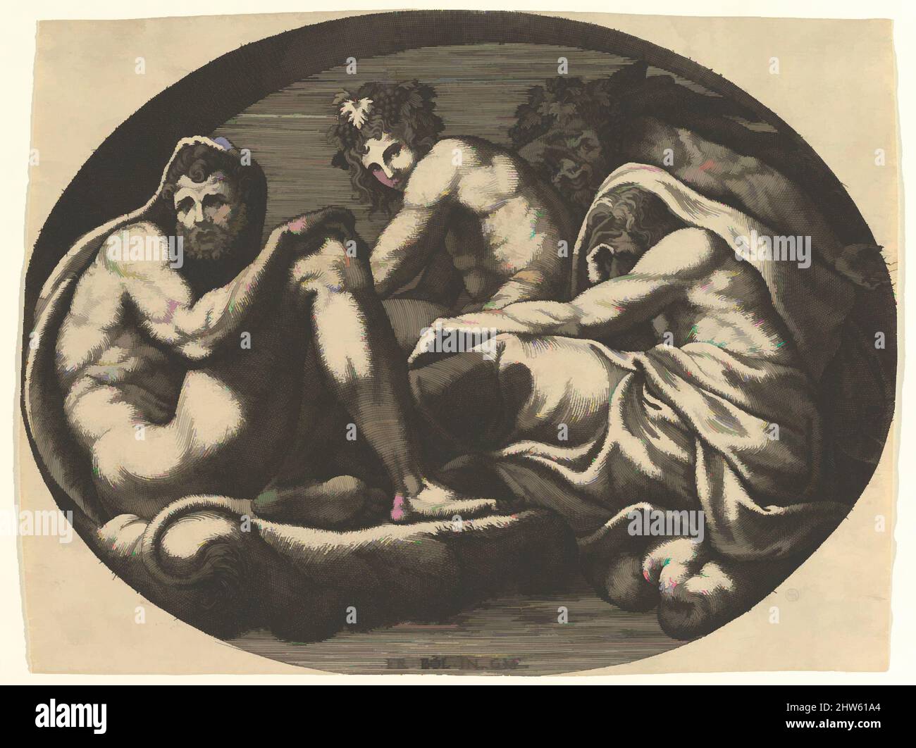 Art inspired by Hercules, Bacchus, Pan, and Saturn(?), from a series of eight compositions after Francesco Primaticcio's designs for the ceiling of the Ulysses Gallery (destroyed 1738-39) at Fontainebleau, 1560s, Engraving, sheet: 6 13/16 x 9 in. (17.3 x 22.8 cm) trimmed within, Classic works modernized by Artotop with a splash of modernity. Shapes, color and value, eye-catching visual impact on art. Emotions through freedom of artworks in a contemporary way. A timeless message pursuing a wildly creative new direction. Artists turning to the digital medium and creating the Artotop NFT Stock Photo
