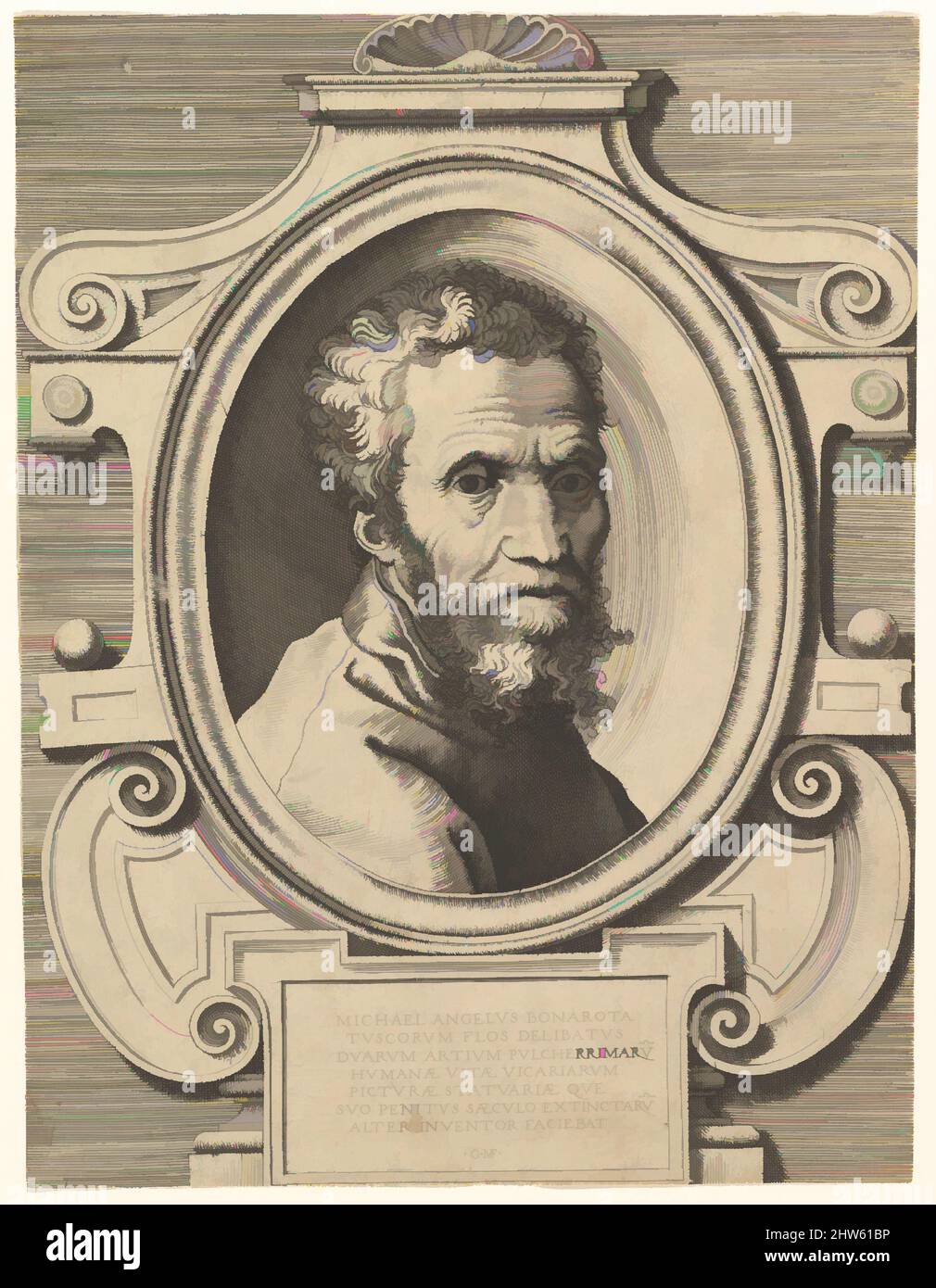 Art inspired by Portrait of Michelangelo, after 1564, Engraving, sheet: 10 3/16 x 7 11/16 in. (25.9 x 19.6 cm) borderline/sheet, Prints, Engraved by Giorgio Ghisi (Italian, Mantua ca. 1520–1582 Mantua), After painting by Marcello Venusti (Italian, Mazzo di Valtellina (Sondrio) ca. 1512, Classic works modernized by Artotop with a splash of modernity. Shapes, color and value, eye-catching visual impact on art. Emotions through freedom of artworks in a contemporary way. A timeless message pursuing a wildly creative new direction. Artists turning to the digital medium and creating the Artotop NFT Stock Photo