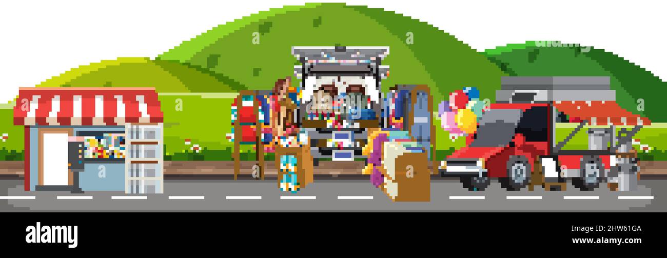 Flea market scene on white background illustration Stock Vector Image