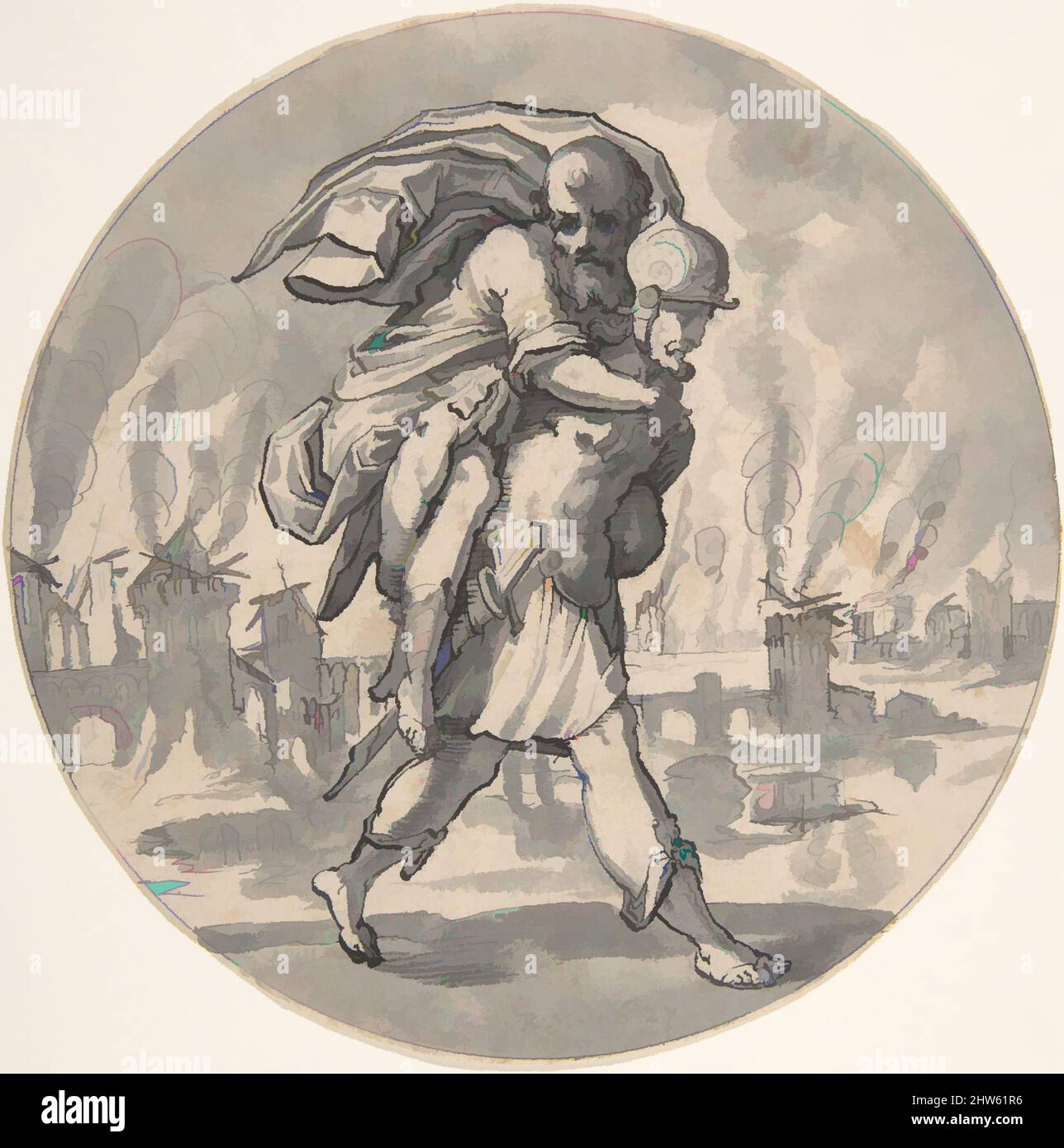 Art inspired by Aeneas Rescues his Father from Burning Troy, 1627, Pen and black ink, gray wash, diameter: 5 1/16 in. (12.8 cm), Drawings, Rudolf Meyer (Swiss, Zurich 1605–1638 Zurich, Classic works modernized by Artotop with a splash of modernity. Shapes, color and value, eye-catching visual impact on art. Emotions through freedom of artworks in a contemporary way. A timeless message pursuing a wildly creative new direction. Artists turning to the digital medium and creating the Artotop NFT Stock Photo