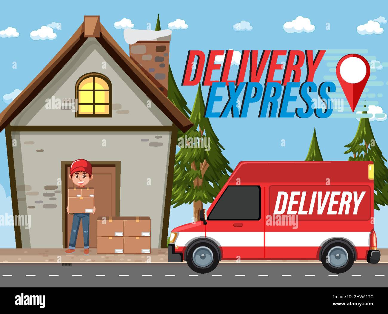 Delivery Express banner with courier and panel van illustration Stock ...