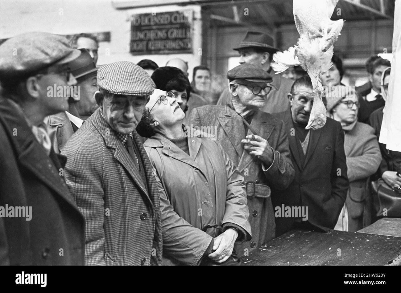 Bidders eyeing up the next bird to go under the hammer at the Christmas Turkey Auction at Reading Cattle Market in Great Knolly's Street on Christmas eve. 24th December 1968 Stock Photo