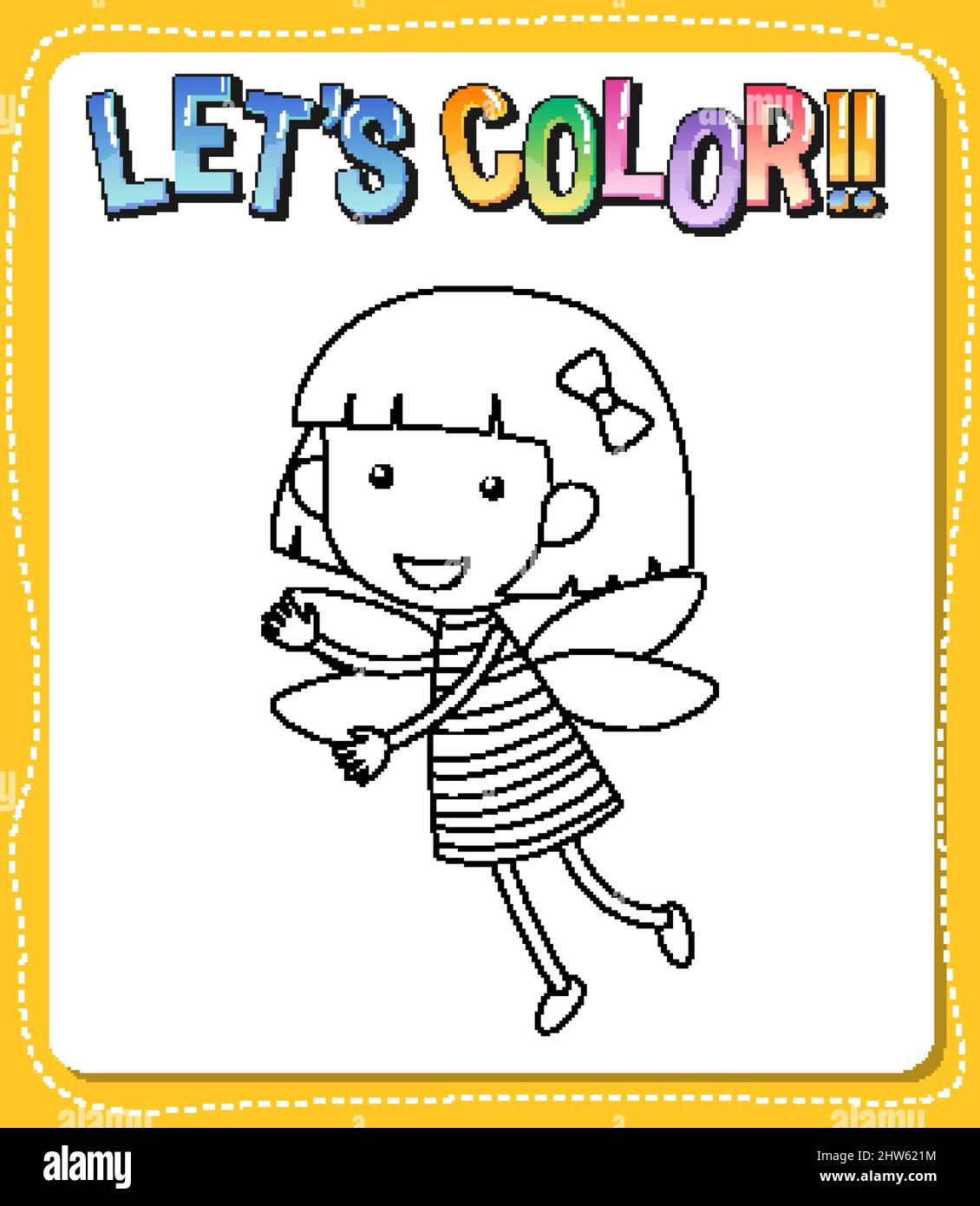 Worksheets template with let’s color!! text and angel outline illustration Stock Vector