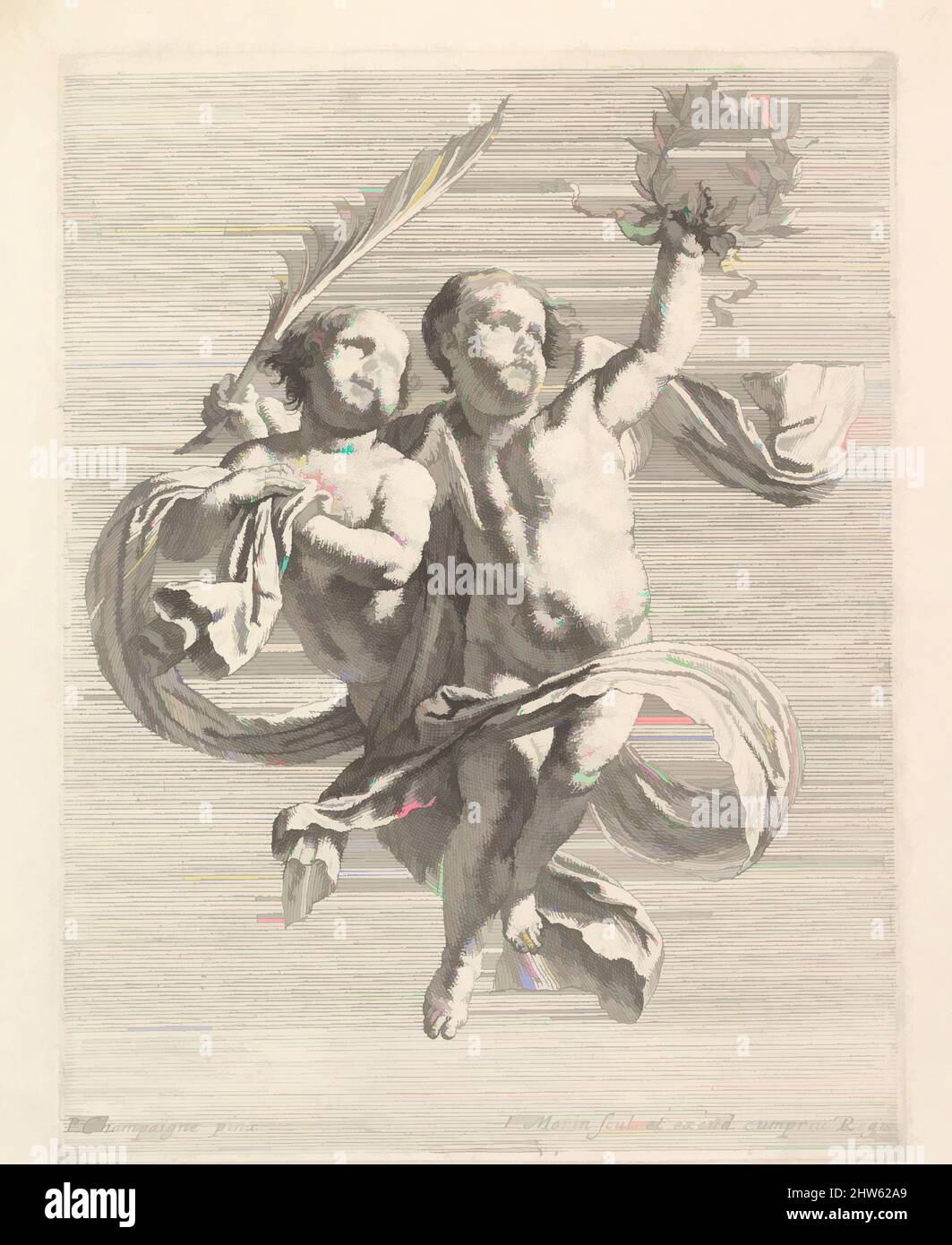 Art inspired by Groupe de deux angelots (regardant vers la droite), Etching, sheet: 9 13/16 x 8 1/16 in. (25 x 20.4 cm), Prints, Jean Morin (French, Paris ca. 1605–1650 Paris), After Philippe de Champaigne (French, Brussels 1602–1674 Paris, Classic works modernized by Artotop with a splash of modernity. Shapes, color and value, eye-catching visual impact on art. Emotions through freedom of artworks in a contemporary way. A timeless message pursuing a wildly creative new direction. Artists turning to the digital medium and creating the Artotop NFT Stock Photo