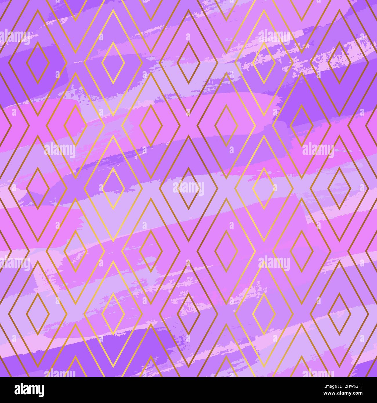 Pink Brush Strokes Seamless Pattern Design with Gold Geometric Design Stock Vector