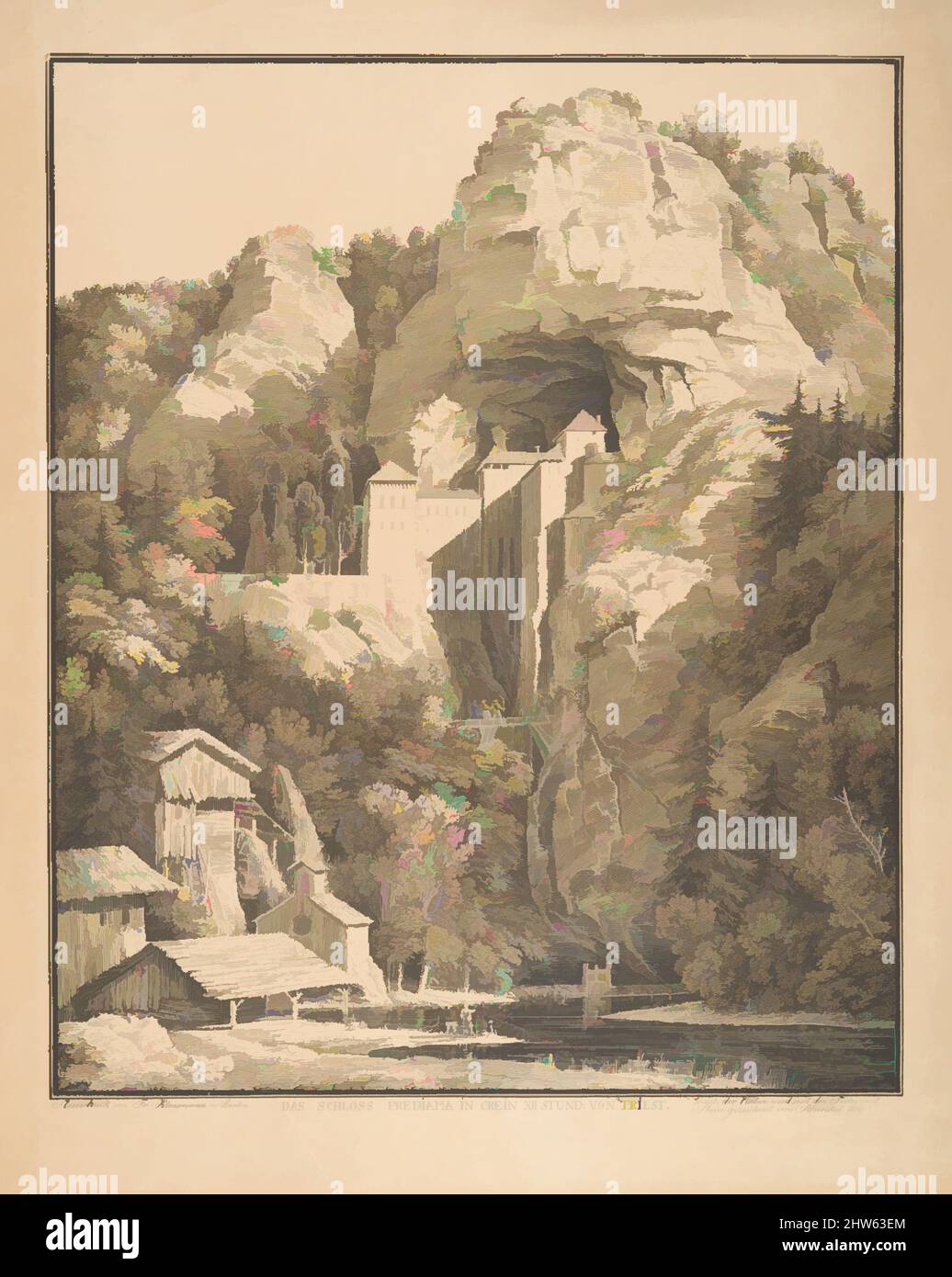 Art inspired by Das Schloss Prediama in Crein XII Stund: von Triest, 1816, Pen lithograph; first state, sheet: 17 13/16 x 14 3/16 in. (45.2 x 36 cm), Prints, Karl Friedrich Schinkel (German, Neuruppin 1781–1841 Berlin, Classic works modernized by Artotop with a splash of modernity. Shapes, color and value, eye-catching visual impact on art. Emotions through freedom of artworks in a contemporary way. A timeless message pursuing a wildly creative new direction. Artists turning to the digital medium and creating the Artotop NFT Stock Photo