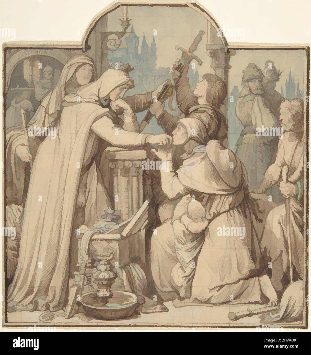 Art inspired by Kriemhild, in Mourning over Siegfried, Handing Out Treasures from the Nibelungen Hoard, 1854, Pen and brown ink over pencil with brown and gray wash, sheet: 6 x 5 11/16 in. (15.2 x 14.4 cm), Drawings, Eduard Julius Friedrich Bendemann (German, Berlin 1811–1889 Düsseldorf, Classic works modernized by Artotop with a splash of modernity. Shapes, color and value, eye-catching visual impact on art. Emotions through freedom of artworks in a contemporary way. A timeless message pursuing a wildly creative new direction. Artists turning to the digital medium and creating the Artotop NFT Stock Photo