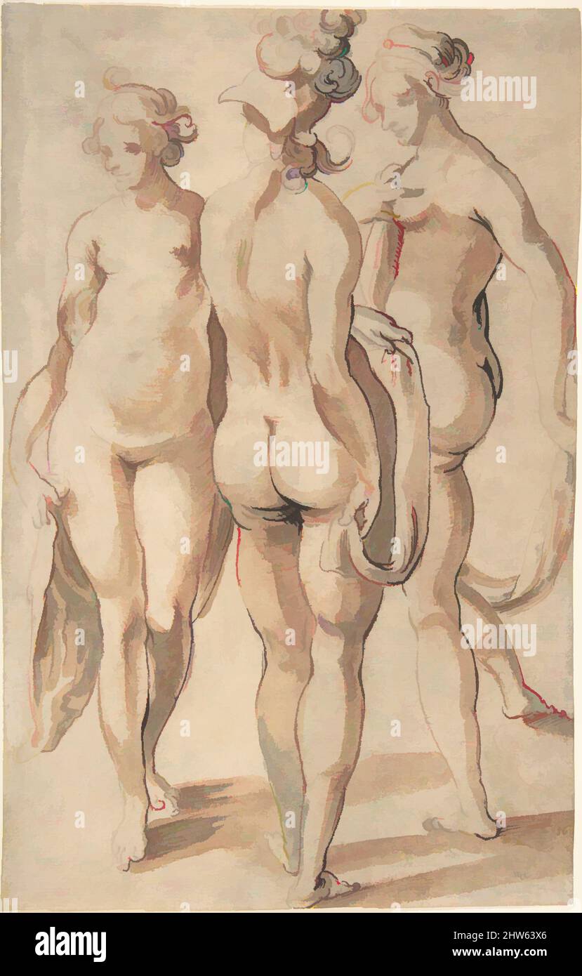 Art inspired by The Three Graces, 1600–1631, Pen and black ink, brush and brown and gray wash, over red and black chalk, sheet: 11 7/8 x 7 1/2 in. (30.2 x 19.1 cm), Drawings, Attributed to Sebastian Schütz (German, Nuremberg (?) 1595–1631 Braunschweig, Classic works modernized by Artotop with a splash of modernity. Shapes, color and value, eye-catching visual impact on art. Emotions through freedom of artworks in a contemporary way. A timeless message pursuing a wildly creative new direction. Artists turning to the digital medium and creating the Artotop NFT Stock Photo