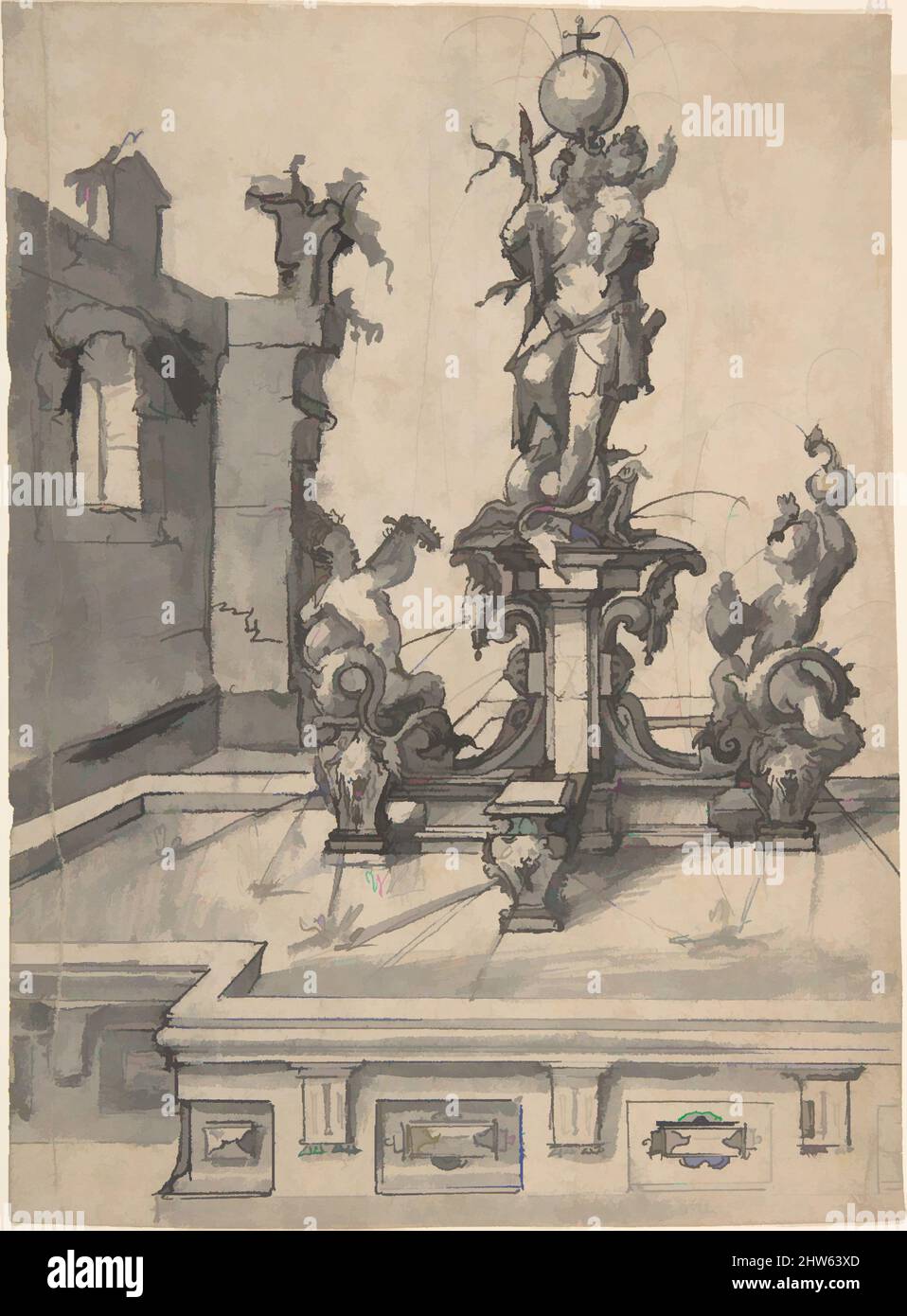 Art inspired by Design for an Elaborate Fountain Surmounted by a Statue of St. Christopher; verso: Studies of Architectural Details, 1550–99, Pen and black ink, brush and grey wash; verso: black chalk and pen and black ink, sheet: 9 5/8 x 7 1/16 in. (24.4 x 18 cm), Wendel Dietterlin, Classic works modernized by Artotop with a splash of modernity. Shapes, color and value, eye-catching visual impact on art. Emotions through freedom of artworks in a contemporary way. A timeless message pursuing a wildly creative new direction. Artists turning to the digital medium and creating the Artotop NFT Stock Photo