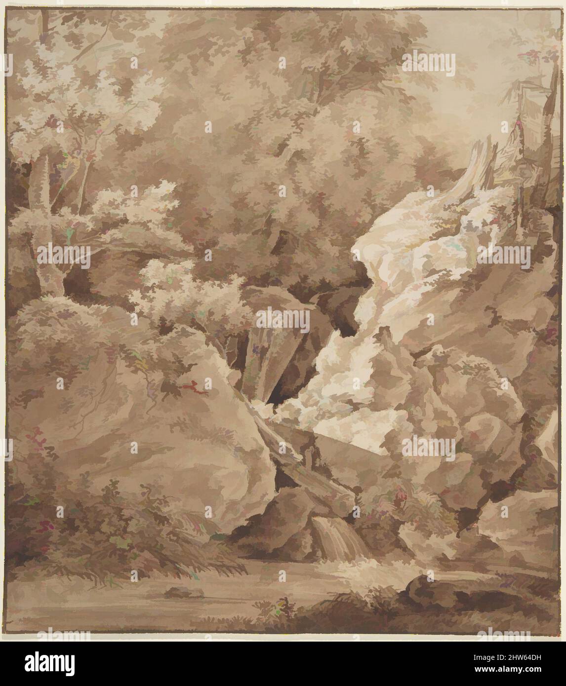 Art inspired by Woodland Scene with Mountain Stream, 1790s, Pen and brown sepia, brush and brown washed sepia, over graphite. Framing line in brown ink., sheet: 8 7/16 x 7 1/2 in. (21.4 x 19 cm), Drawings, Johann Georg von Dillis (German, Grüngiebing 1759–1841 Munich, Classic works modernized by Artotop with a splash of modernity. Shapes, color and value, eye-catching visual impact on art. Emotions through freedom of artworks in a contemporary way. A timeless message pursuing a wildly creative new direction. Artists turning to the digital medium and creating the Artotop NFT Stock Photo