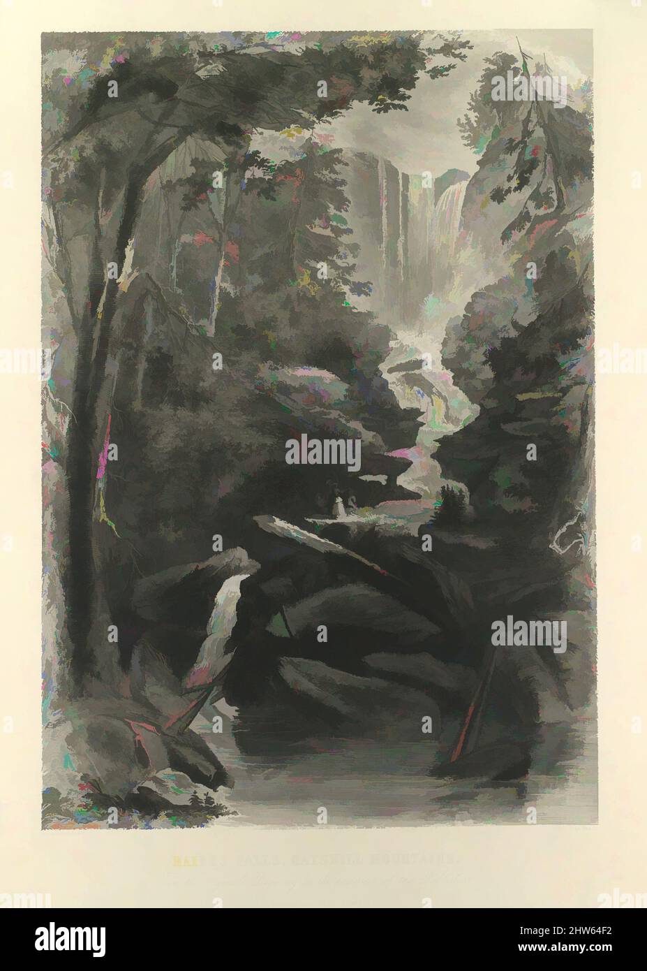 Art inspired by Haines Falls, Catskill Mountains, 1869, Steel engraving, sheet: 16 3/16 x 12 7/16 in. (41.1 x 31.6 cm), Prints, Engraved by Joseph Ives Pease (American, Norfolk, Connecticut 1809–1883 Salisbury, Connecticut), After William (Wilhelm) Momberger (American (born Germany, Classic works modernized by Artotop with a splash of modernity. Shapes, color and value, eye-catching visual impact on art. Emotions through freedom of artworks in a contemporary way. A timeless message pursuing a wildly creative new direction. Artists turning to the digital medium and creating the Artotop NFT Stock Photo