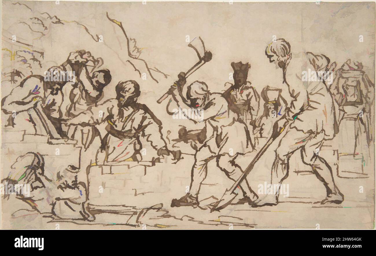 Art inspired by Men Digging and Constructing a Wall., 17th century, Pen and brown ink, over black chalk, Sheet: 4 1/8 x 6 5/8 in. (10.4 x 16.8 cm), Drawings, Pietro da Cortona (Pietro Berrettini) (Italian, Cortona 1596–1669 Rome, Classic works modernized by Artotop with a splash of modernity. Shapes, color and value, eye-catching visual impact on art. Emotions through freedom of artworks in a contemporary way. A timeless message pursuing a wildly creative new direction. Artists turning to the digital medium and creating the Artotop NFT Stock Photo