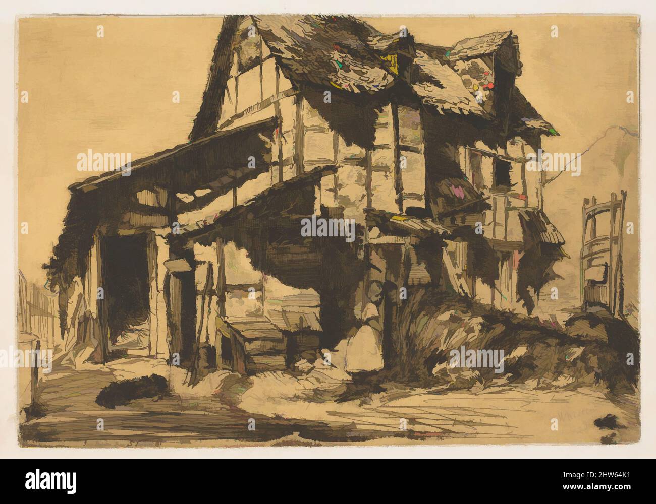 Art inspired by The Unsafe Tenement (The Old Farm), 1858, Etching; third state of four (Glasgow); printed in black ink on tan chine on white wove (chine collé), Plate: 6 1/8 × 8 7/8 in. (15.6 × 22.6 cm), Prints, James McNeill Whistler (American, Lowell, Massachusetts 1834–1903 London, Classic works modernized by Artotop with a splash of modernity. Shapes, color and value, eye-catching visual impact on art. Emotions through freedom of artworks in a contemporary way. A timeless message pursuing a wildly creative new direction. Artists turning to the digital medium and creating the Artotop NFT Stock Photo