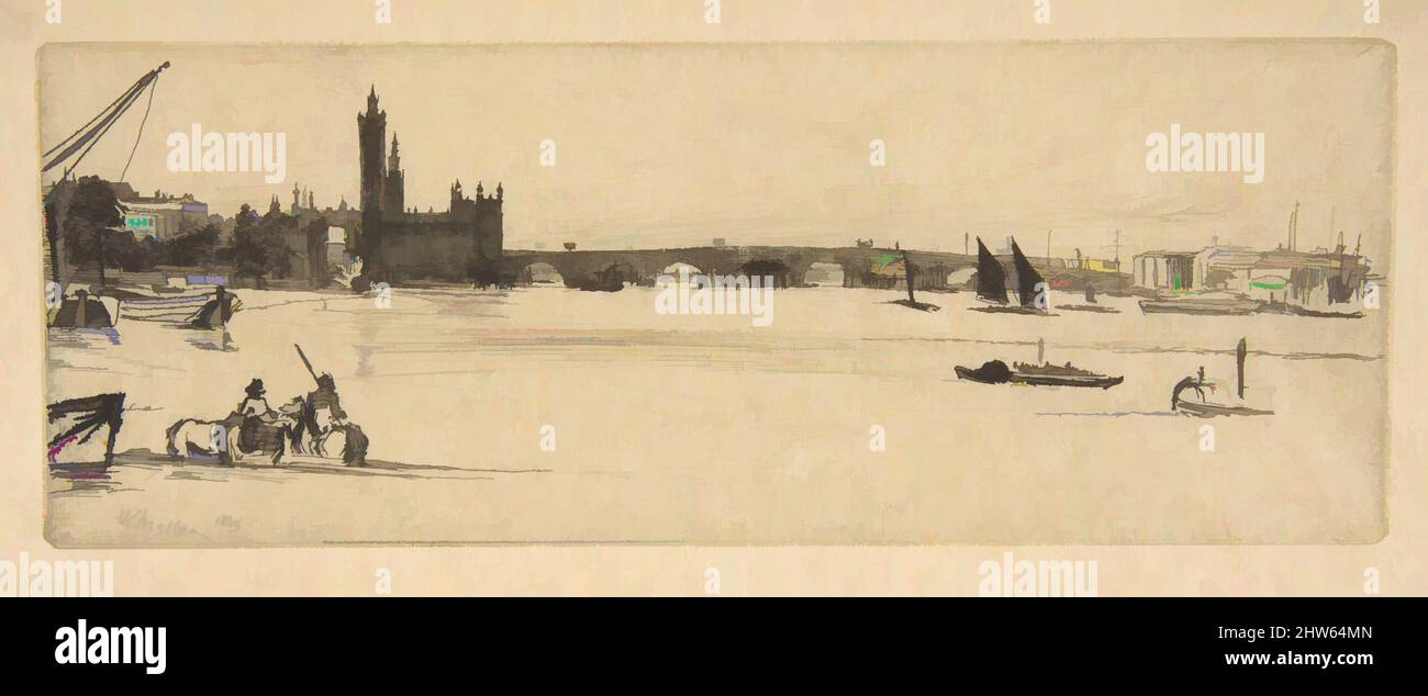 Art inspired by Old Westminster Bridge, 1859, Etching and drypoint; third state of four (Glasgow); black ink on fine fibrous laid Japan paper, plate: 3 x 7 7/8 in. (7.6 x 20 cm), Prints, James McNeill Whistler (American, Lowell, Massachusetts 1834–1903 London, Classic works modernized by Artotop with a splash of modernity. Shapes, color and value, eye-catching visual impact on art. Emotions through freedom of artworks in a contemporary way. A timeless message pursuing a wildly creative new direction. Artists turning to the digital medium and creating the Artotop NFT Stock Photo