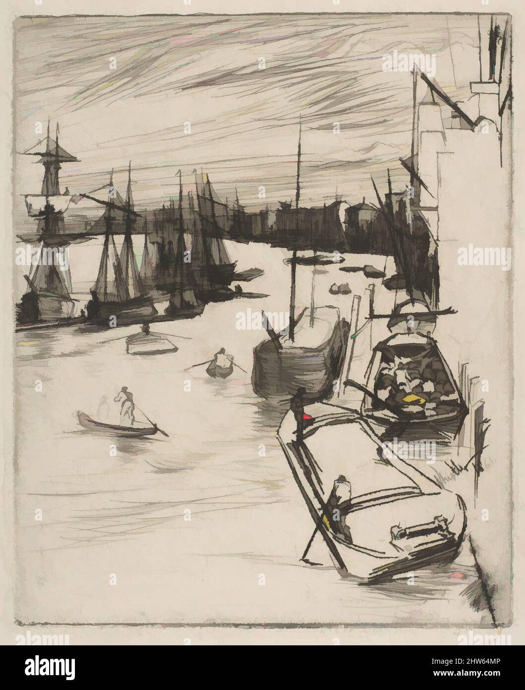 Art inspired by Little Wapping (The Little Rotherhithe), 1861, Etching; third state of four (Glasgow); printed in black ink on heavy off-white wove paper, Plate: 4 7/8 x 4 in. (12.4 x 10.2 cm), Prints, James McNeill Whistler (American, Lowell, Massachusetts 1834–1903 London, Classic works modernized by Artotop with a splash of modernity. Shapes, color and value, eye-catching visual impact on art. Emotions through freedom of artworks in a contemporary way. A timeless message pursuing a wildly creative new direction. Artists turning to the digital medium and creating the Artotop NFT Stock Photo