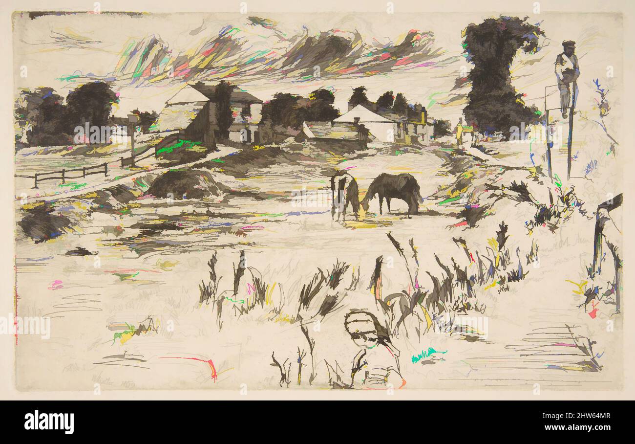 Art inspired by Landscape with the Horse (Landscape with Horses), 1859, Etching and drypoint; second state of two (Glasgow); black ink on medium weight ivory laid paper, Plate: 4 15/16 x 7 15/16 in. (12.5 x 20.2 cm), Prints, James McNeill Whistler (American, Lowell, Massachusetts 1834–, Classic works modernized by Artotop with a splash of modernity. Shapes, color and value, eye-catching visual impact on art. Emotions through freedom of artworks in a contemporary way. A timeless message pursuing a wildly creative new direction. Artists turning to the digital medium and creating the Artotop NFT Stock Photo