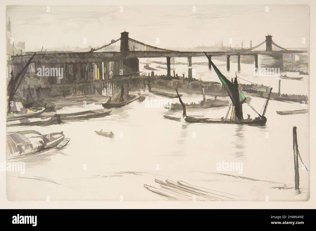 Art inspired by Old Hungerford Bridge, 1861, Etching and drypoint; third state of four (Glasgow); printed in black ink on medium weight cream laid paper, plate: 5 3/8 x 8 1/4 in. (13.7 x 21 cm), Prints, James McNeill Whistler (American, Lowell, Massachusetts 1834–1903 London, Classic works modernized by Artotop with a splash of modernity. Shapes, color and value, eye-catching visual impact on art. Emotions through freedom of artworks in a contemporary way. A timeless message pursuing a wildly creative new direction. Artists turning to the digital medium and creating the Artotop NFT Stock Photo