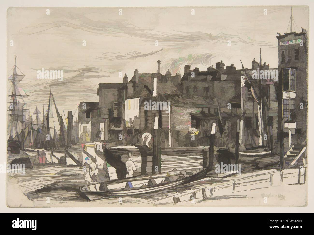 Art inspired by Thames Police (Wapping Wharf), 1859, Etching; fifth state of five (Glasgow); printed in black ink on medium weight ivory laid paper, Plate: 5 7/8 × 8 7/8 in. (15 × 22.6 cm), Prints, James McNeill Whistler (American, Lowell, Massachusetts 1834–1903 London, Classic works modernized by Artotop with a splash of modernity. Shapes, color and value, eye-catching visual impact on art. Emotions through freedom of artworks in a contemporary way. A timeless message pursuing a wildly creative new direction. Artists turning to the digital medium and creating the Artotop NFT Stock Photo