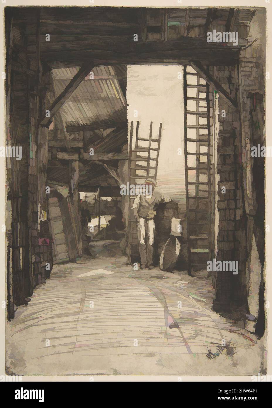 Art inspired by The Lime-Burner (W. Jones, Lime-Burner, Thames Street), 1859, Etching and drypoint; first state of two (Glasgow); warm black ink on ivory wove paper, Plate: 9 3/4 x 7 in. (24.8 x 17.8 cm), Prints, James McNeill Whistler (American, Lowell, Massachusetts 1834–1903 London, Classic works modernized by Artotop with a splash of modernity. Shapes, color and value, eye-catching visual impact on art. Emotions through freedom of artworks in a contemporary way. A timeless message pursuing a wildly creative new direction. Artists turning to the digital medium and creating the Artotop NFT Stock Photo