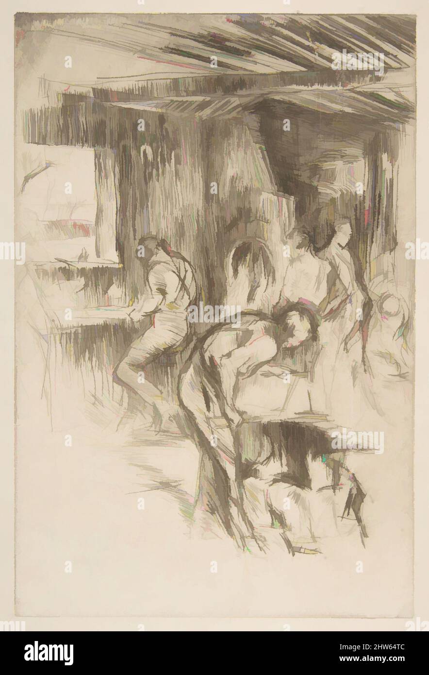Art inspired by The Little Forge (The Little Forge, Liverpool), 1875, Drypoint; seventh state of sixteen (Glasgow); printed in black ink on ivory laid paper removed from a book, Plate: 8 7/8 × 5 7/8 in. (22.6 × 14.9 cm), Prints, James McNeill Whistler (American, Lowell, Massachusetts, Classic works modernized by Artotop with a splash of modernity. Shapes, color and value, eye-catching visual impact on art. Emotions through freedom of artworks in a contemporary way. A timeless message pursuing a wildly creative new direction. Artists turning to the digital medium and creating the Artotop NFT Stock Photo