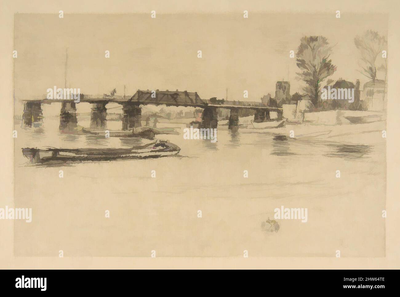 Art inspired by Fulham (Chelsea), late 19th or 20th century, Facsimile of etching, plate: 5 3/16 x 7 15/16 in. (13.2 x 20.2 cm), Prints, After James McNeill Whistler (American, Lowell, Massachusetts 1834–1903 London, Classic works modernized by Artotop with a splash of modernity. Shapes, color and value, eye-catching visual impact on art. Emotions through freedom of artworks in a contemporary way. A timeless message pursuing a wildly creative new direction. Artists turning to the digital medium and creating the Artotop NFT Stock Photo